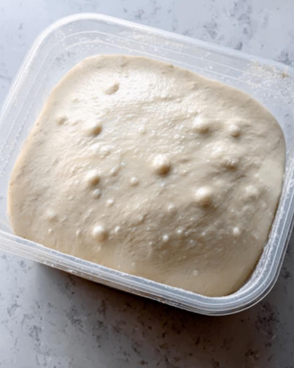 The image shows a clear plastic container filled with smooth, soft dough that has risen, covering the bottom and sides of the container. The dough is pale cream in color with small bubbles on the surface, giving it a light, airy texture. The container is placed on a white marbled surface. Photo taken with an iphone --ar 4:5 --v 7