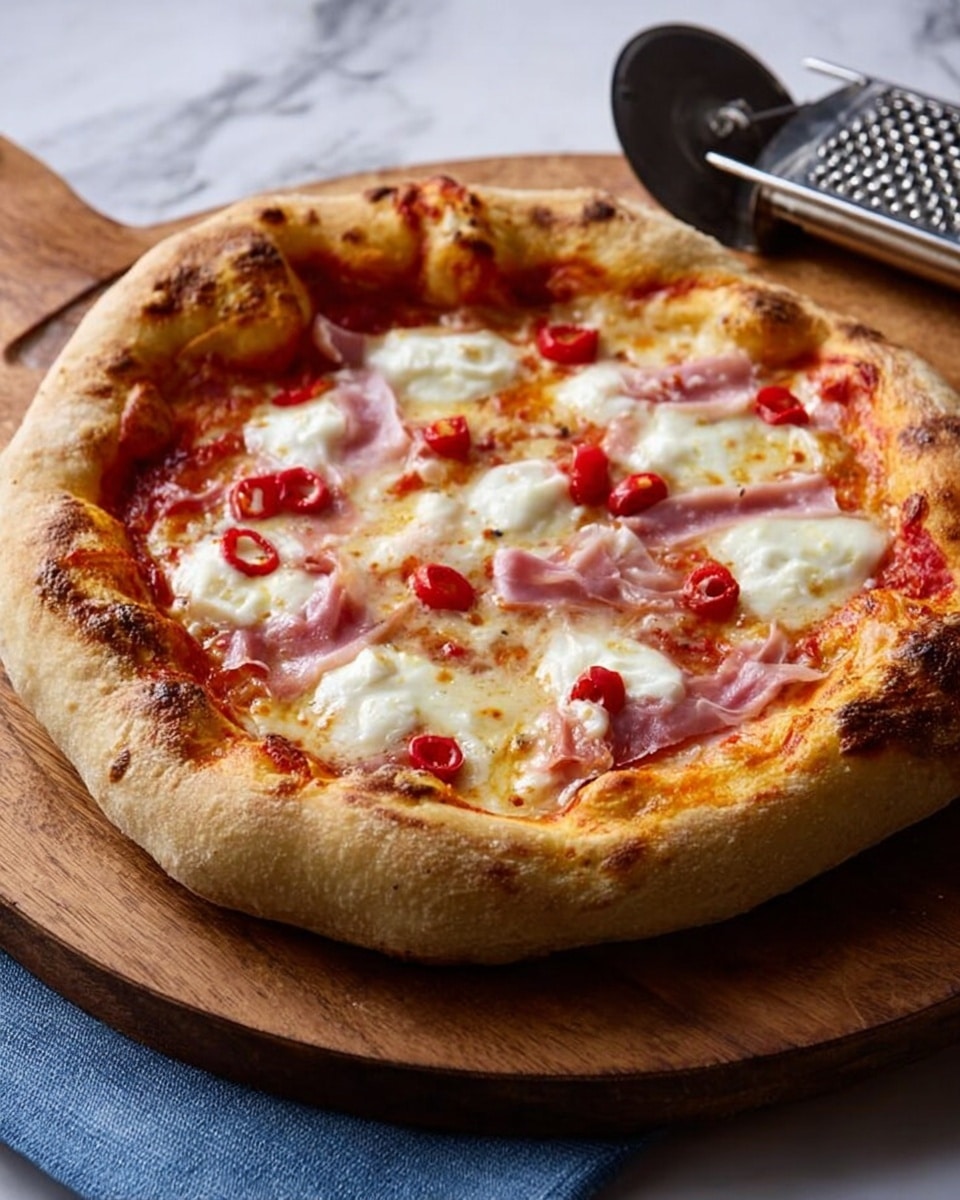A pizza with a thick, puffy crust that is golden brown with some darker spots. The first layer is a bright red tomato sauce that spreads evenly under melted white mozzarella cheese blobs, slightly browned on top. There are thin slices of pink ham scattered across the pizza along with small round red pepper pieces placed on top. The pizza sits on a wooden board with a metal grater and a blue cloth nearby, all on a white marbled surface. photo taken with an iphone --ar 4:5 --v 7