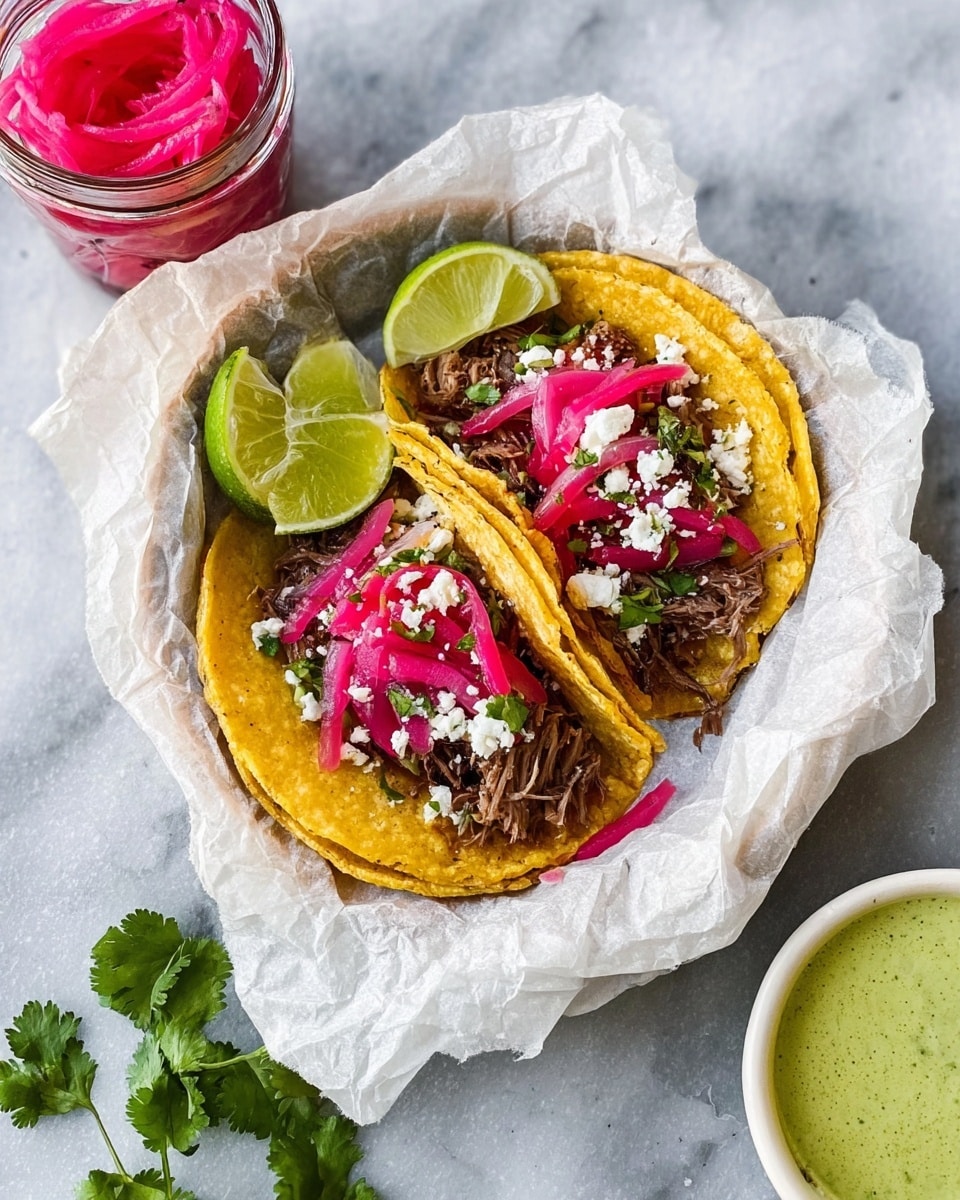 Two soft yellow corn tortillas are placed side by side on crumpled white parchment paper inside a round white plate. Each taco is filled with shredded dark brown meat, topped with bright pink pickled onions and white crumbled cheese. Two lime wedges with a light green color sit beside the tacos on the left side. In the background, there is a glass jar filled with bright pink pickled onions and a white marbled surface. A small white bowl of light green sauce with some herbs on top is visible in the bottom right corner. Fresh green cilantro leaves are placed on the white marbled surface near the bottom left corner. Photo taken with an iphone --ar 4:5 --v 7