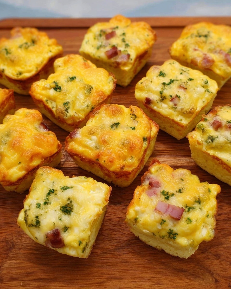The image shows ten small square-shaped baked egg cups arranged on a wooden board, each about two layers thick. The top layer is golden yellow with melted cheese that has a slightly bubbly texture, dotted with small green herb pieces evenly spread throughout. The base layer is a lighter yellow egg mix with visible small chunks of pinkish cooked meat inside, giving some cups a speckled look inside. The edges of the cups are lightly browned and have a soft, slightly fluffy texture that contrasts with the smoothness of the cheese on top. Photo taken with an iphone --ar 4:5 --v 7