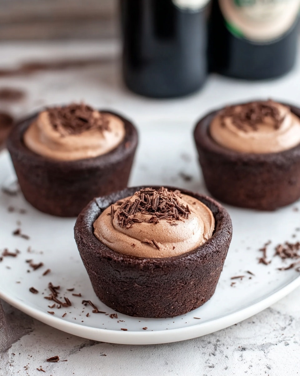 There are three dark brown, thick chocolate cups with a rough texture, each filled with a smooth, lighter brown creamy chocolate mousse, topped with small chocolate shavings. Each cup sits on a white plate, placed on a white marbled surface, with some chocolate shavings scattered around the base of the cups. In the background, some blurred dark bottles add depth to the image. photo taken with an iphone --ar 4:5 --v 7