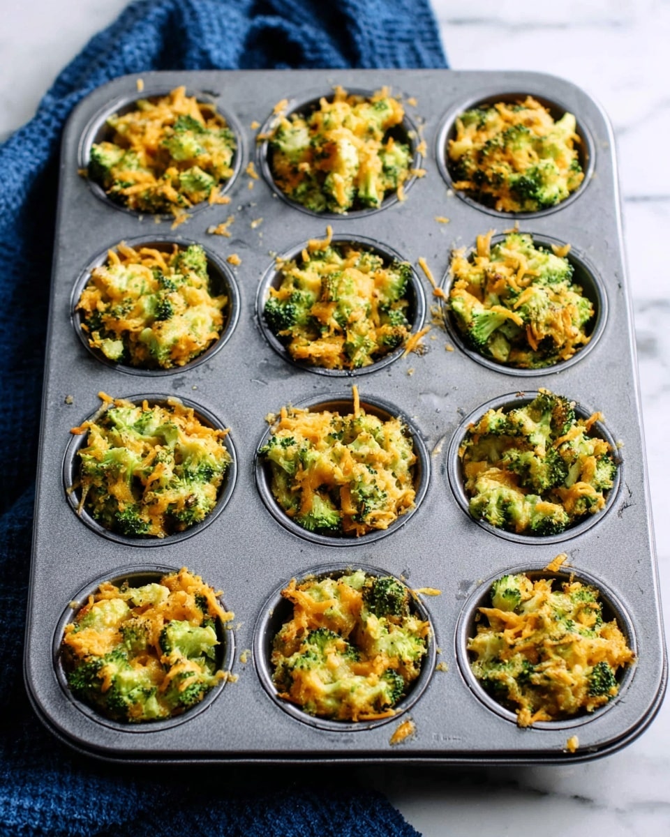 A gray metal muffin tray with 16 cups is filled with a mix of small green broccoli pieces and shredded orange cheese. Each cup is roughly packed with this green and orange mix, showing a textured, bumpy top with uneven edges. The tray rests on a white marbled surface, and a dark blue cloth is partially visible in the background. Photo taken with an iphone --ar 4:5 --v 7