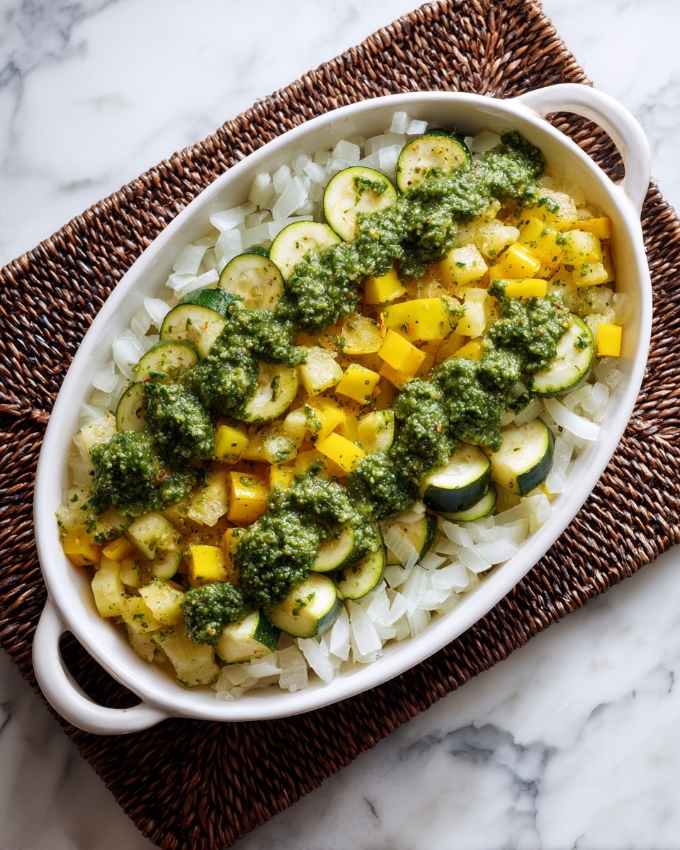 The image shows a white oval dish filled with three layers of food placed on a white marbled surface with a woven dark brown placemat underneath. The bottom layer contains light translucent white onion pieces spread evenly. The middle layer consists of chopped zucchini and yellow squash pieces in green and yellow colors with a firm texture. The top layer is dolloped all over with a chunky green pesto sauce, covering parts of the vegetables. The entire dish looks fresh and colorful, ready to be baked or served. Photo taken with an iphone --ar 4:5 --v 7