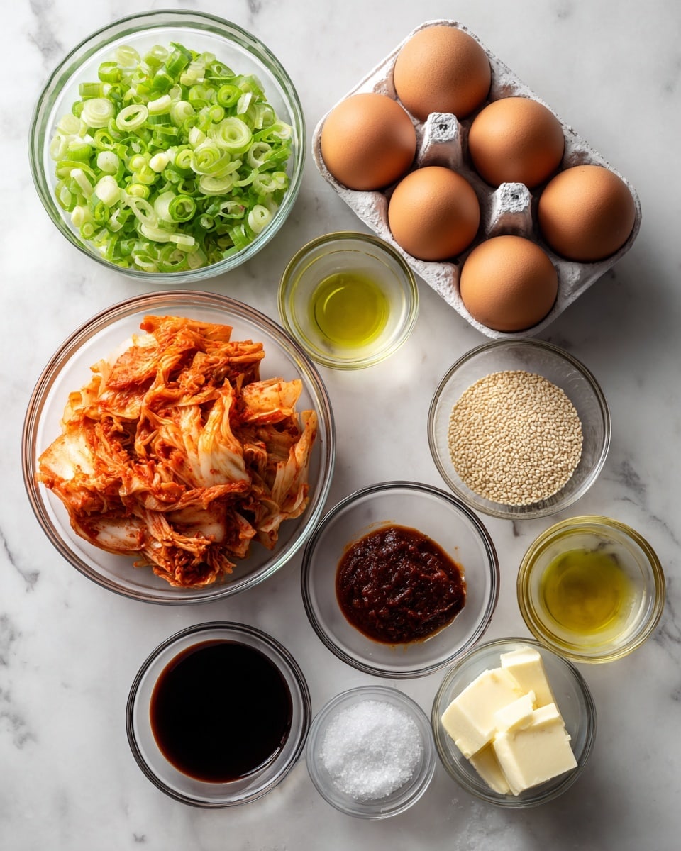 The image shows a flat white marbled surface with several small clear glass bowls and a white egg carton holding four brown eggs. The top left bowl contains chopped green scallions with a fresh, leafy texture. Below it, another bowl holds light tan sesame seeds, finely textured. Below that, a larger bowl is filled with bright reddish-orange kimchi, showing layers of fermented cabbage with a glossy, moist look. To the right of the eggs, a small bowl has golden sesame oil with a clear liquid texture. Below that, another small bowl contains white salt crystals. At the bottom center, there are two small bowls side by side; the left bowl holds dark brown soy sauce, shiny and smooth, while the right bowl contains thick, dark red gochujang paste. The last bowl on the bottom right holds a pale yellow square of butter with a soft texture. The entire setup is clean and organized, arranged neatly on the white marbled surface. photo taken with an iphone --ar 4:5 --v 7