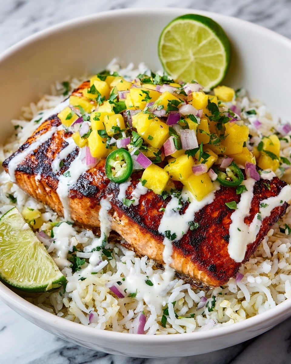 A white bowl filled with a base layer of white rice mixed with small pieces of green herbs and red onion, topped in the center with a thick, grilled salmon fillet with a charred, reddish-brown texture. On top of the salmon is a creamy white sauce drizzled across it and a colorful salsa made of diced yellow mango, red onion, green jalapeño, and cilantro. A wedge of lime with bright green flesh sits on the side inside the bowl. The bowl rests on a white marbled surface, and the focus is sharp on the dish with a blurred background. Photo taken with an iphone --ar 4:5 --v 7
