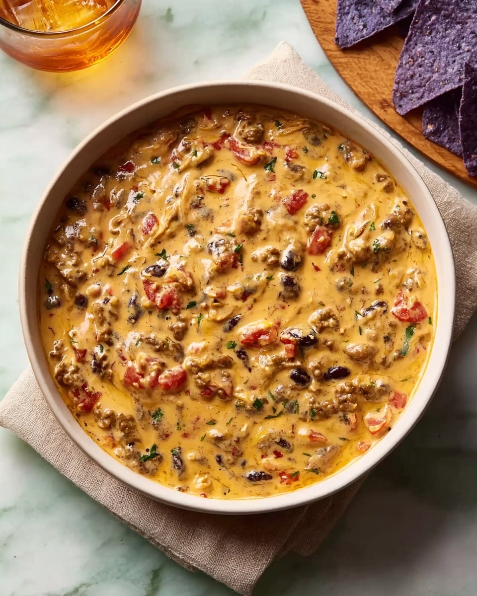 A close-up view of a single deep purple tortilla chip topped with a thick, creamy yellow cheese dip mixed with small pieces of browned meat and red bell pepper chunks. The dip has a smooth texture with small bits of ingredients visible, and a slight shine from melted cheese. The chip's rough, crisp texture is visible under the cheese. The background shows more deep purple tortilla chips out of focus on a white marbled surface. photo taken with an iphone --ar 4:5 --v 7