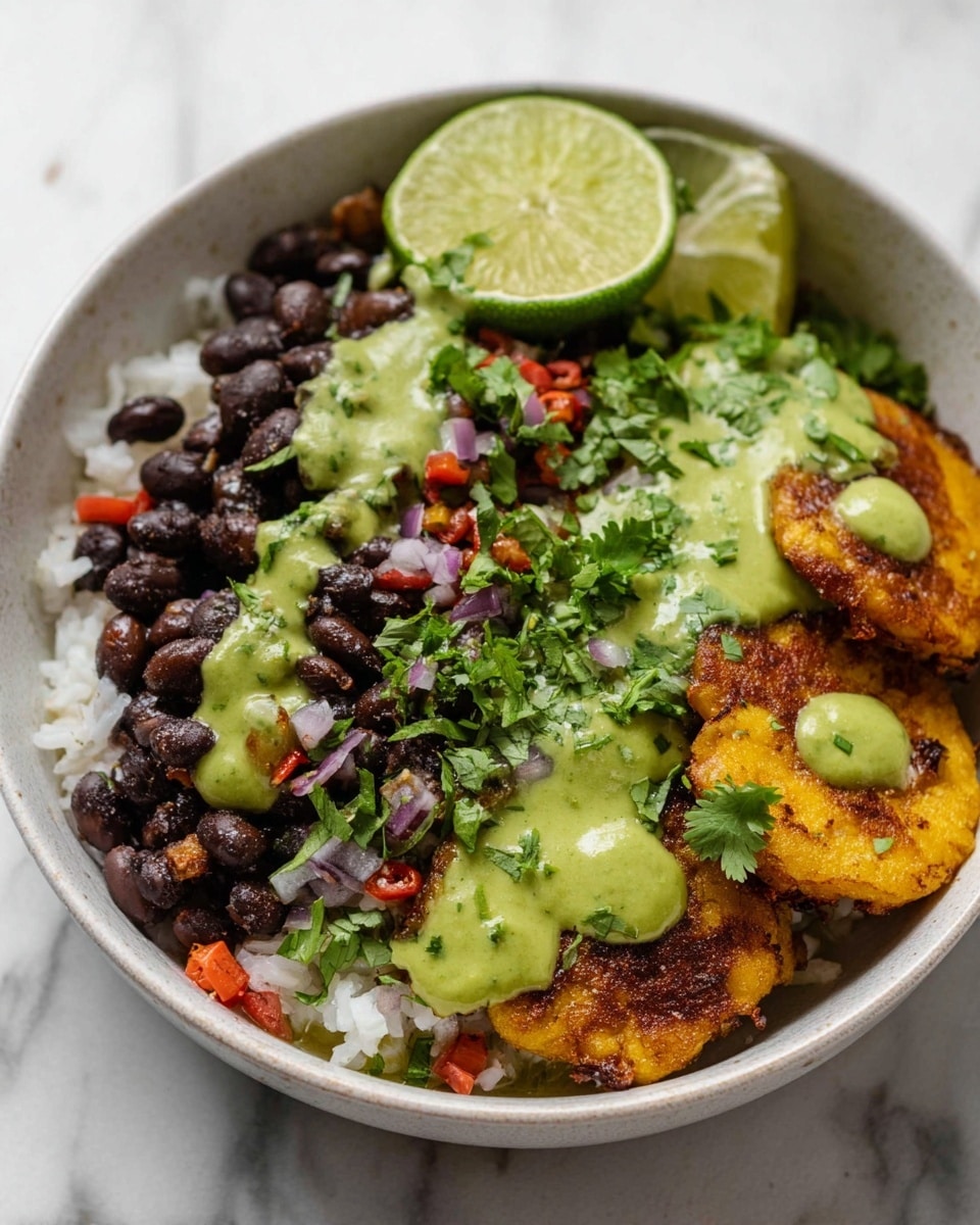 A white bowl filled with layers starting from the bottom with white rice, topped with cooked black beans mixed with small pieces of chopped red onion and red bell pepper, then covered with a smooth green sauce spread in streaks over the beans. On one side of the bowl, there are golden fried rounds that look crispy, each topped with a small dollop of the same green sauce. A wedge of lime rests at the back edge of the bowl, and fresh cilantro leaves are placed as garnish around the dish. The bowl is set on a white marbled surface. Photo taken with an iphone --ar 4:5 --v 7