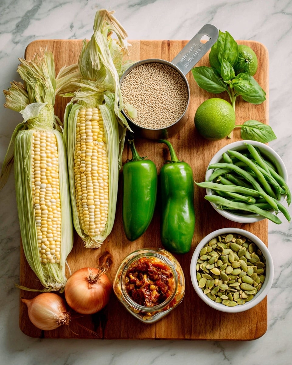 The image shows a wooden cutting board on a white marbled surface with fresh ingredients arranged neatly. There are three ears of corn with husks, a metal measuring cup filled with a light-colored grain, two bright green jalapeños, two fresh limes, a small fresh basil bunch, two shallots with their skins, a jar of sun-dried tomatoes, a white bowl filled with green beans, and another white bowl with green pumpkin seeds. The ingredients have different textures like smooth jalapeños, leafy basil, and rough corn husks. photo taken with an iphone --ar 4:5 --v 7