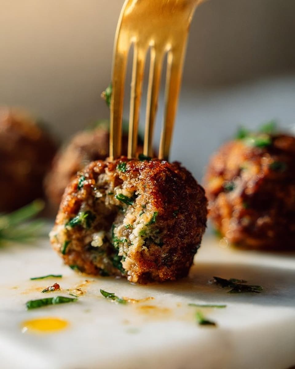 A white bowl sits on a white marbled surface, filled with five dark brown meatballs arranged on the right side, with a gold fork resting near them. Below the meatballs is a creamy white sauce spreading slightly underneath. On the left side of the bowl, there are two torn pieces of light golden bread topped with green herb garnish. Below the bread, there is a layer of fresh red cherry tomato halves mixed with sliced green cucumbers, sprinkled with black pepper. The colors contrast well with the bright white bowl and creamy sauce. Photo taken with an iphone --ar 4:5 --v 7