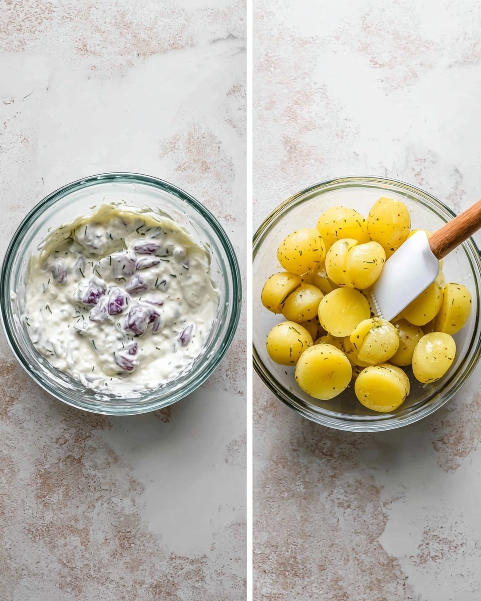 Two clear glass bowls sit on a white marbled surface. The left bowl contains a thick white sauce with small bits of purple and herbs mixed in. The right bowl is filled with yellow, small, cut round potatoes, and a white spatula with a wooden handle rests inside, partially covered by the potatoes. photo taken with an iphone --ar 4:5 --v 7