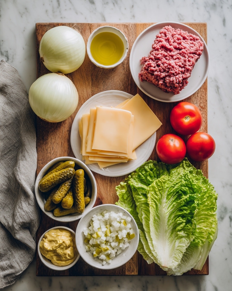 A wooden board on a white marbled surface holds various fresh ingredients arranged neatly. On the left, there are two halved yellow onions showing their smooth white inside, next to a white bowl filled with pink ground beef. Near the center, a small white bowl contains a light yellow oil, and another white bowl holds bright green pickles. Above them, a white plate has three slices of pale yellow cheese stacked. To the right, three ripe red tomatoes are placed next to a small white bowl of yellow mustard and another white bowl filled with a creamy sauce topped with chopped pickles. A fresh green lettuce head sits on the far right side. A gray cloth is partially visible on the left side of the board. photo taken with an iphone --ar 4:5 --v 7