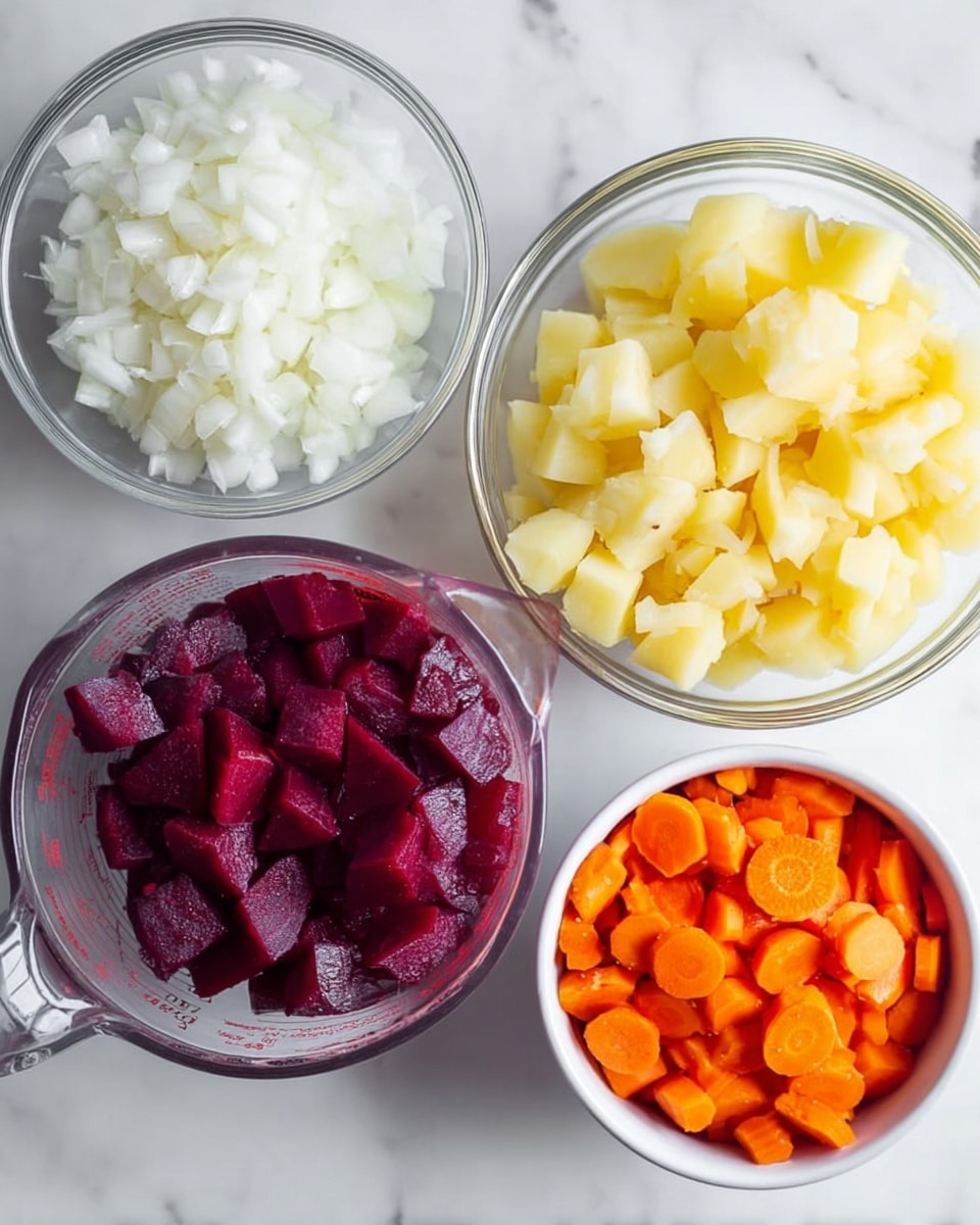 The image shows four clear glass and white bowls placed on a white marbled surface, each holding a different chopped vegetable in layers. The first bowl, positioned on the top left, contains white chopped onions with a soft, grainy texture. The second bowl, on the top right, is filled with pale yellow diced potatoes showing smooth, firm pieces. The third container, at the bottom left, is a clear measuring cup filled with deep purple beet sticks that look slightly glossy and firm. The fourth bowl, at the bottom right, is white and holds small, round, bright orange carrot slices, smooth in texture and tightly packed. photo taken with an iphone --ar 4:5 --v 7