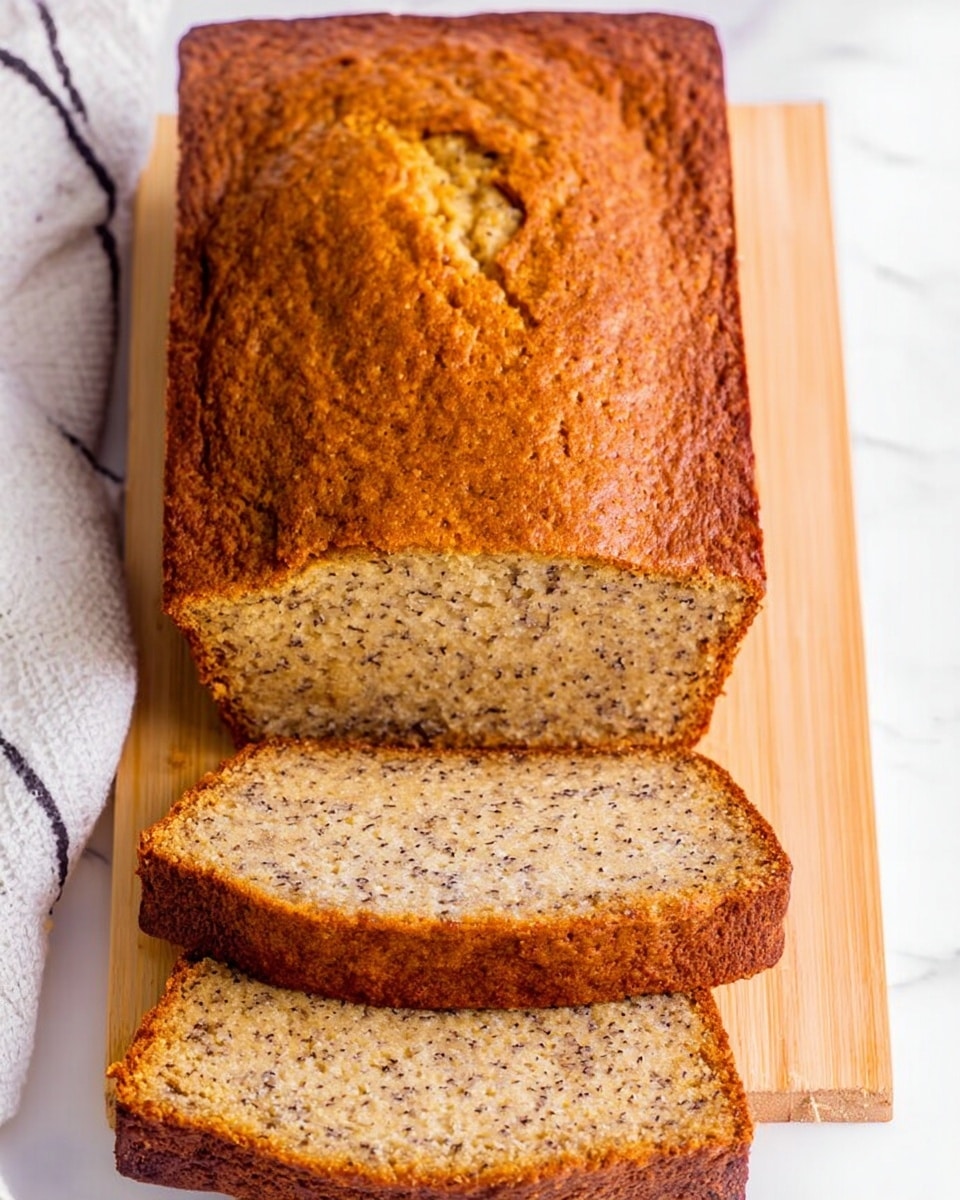 A loaf of banana bread with a golden brown crust sitting on a wooden board placed on a white marbled surface. The bread is rectangular with a slightly rough and cracked top crust. Three slices are cut and laid flat in front of the remaining loaf, showing a soft, light brown inside with small dark specks evenly spread throughout. The texture of the bread inside looks moist but firm. There is a white cloth with dark lines partially visible on the left side. Photo taken with an iphone --ar 4:5 --v 7