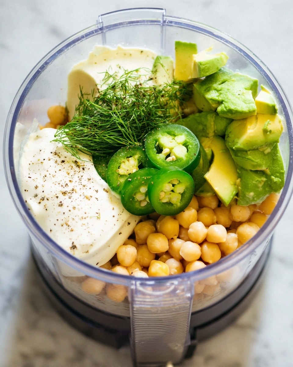A clear food processor bowl shows multiple layers inside: the bottom layer is light beige chickpeas, followed by a thick white creamy layer of sauce or yogurt above it. On top of that, there are bright green slices of jalapeño peppers arranged in the middle left, light green avocado halves to the back left, and a small bunch of fresh dark green dill or similar herb on the back right. Some seasoning like black pepper is sprinkled on the white creamy layer and avocado. The surface under the food processor is a white marbled texture. Photo taken with an iphone --ar 4:5 --v 7