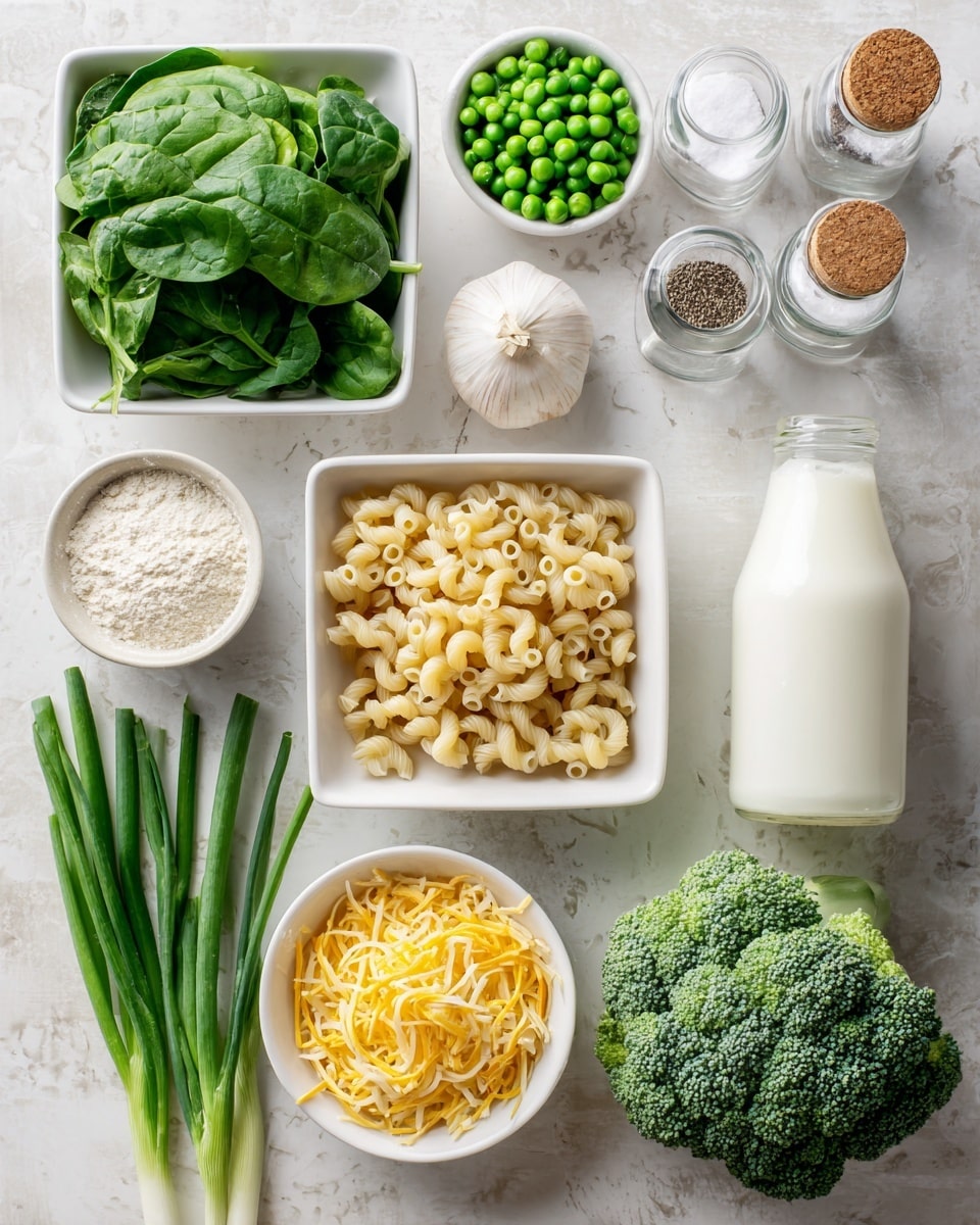 A flat white marbled surface holds various ingredients arranged neatly. In the top left, there is a square white bowl filled with bright green fresh spinach leaves. Below it are fresh green herbs placed loosely. To the right of the herbs, three green onions with white ends lay diagonally. Just above these, a single head of garlic is seen. In the center, a square white bowl is filled with light brown macaroni pasta. To the top right of the macaroni bowl, there are two small glass containers, one with salt and the other with pepper, both with brown stoppers. Further right, a clear glass bottle filled with white milk stands tall and beside it is a small white bowl with white flour. Below the flour, a round white bowl is filled with shredded yellow cheddar cheese. At the bottom right corner is a large, fresh green broccoli head. Near the green onions and garlic, a small round white bowl holds bright green peas. The overall scene is bright and clean, showing all ingredients clearly on a white marbled surface photo taken with an iphone --ar 4:5 --v 7