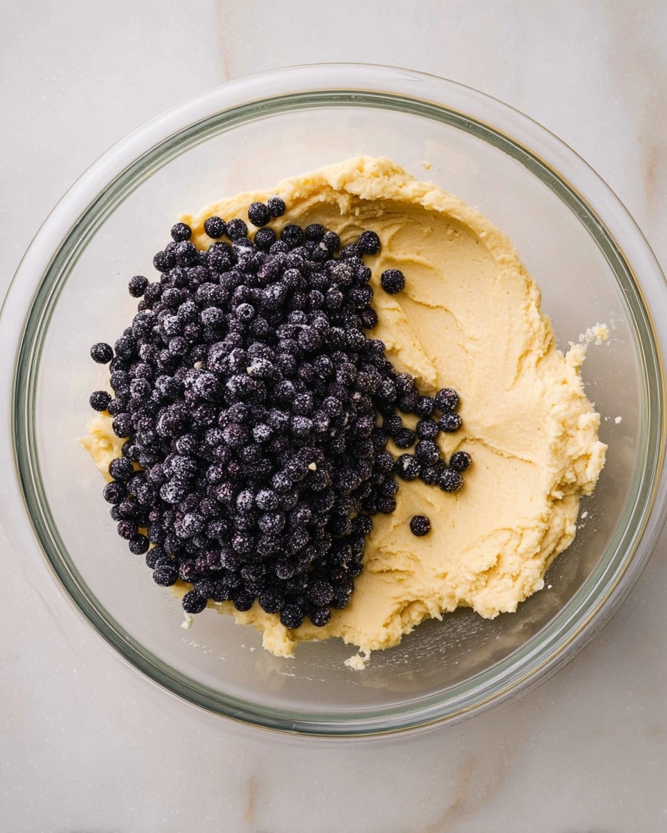 A clear glass bowl holds a creamy, pale yellow dough spread unevenly across the bottom and sides. On top of one side of the dough, a large pile of small, dark purple berries is resting, some slightly frosted with a light dusting of frost. The dough looks soft and thick, while the berries add a textured and colorful contrast. The bowl is placed on a white marbled surface. Photo taken with an iphone --ar 4:5 --v 7