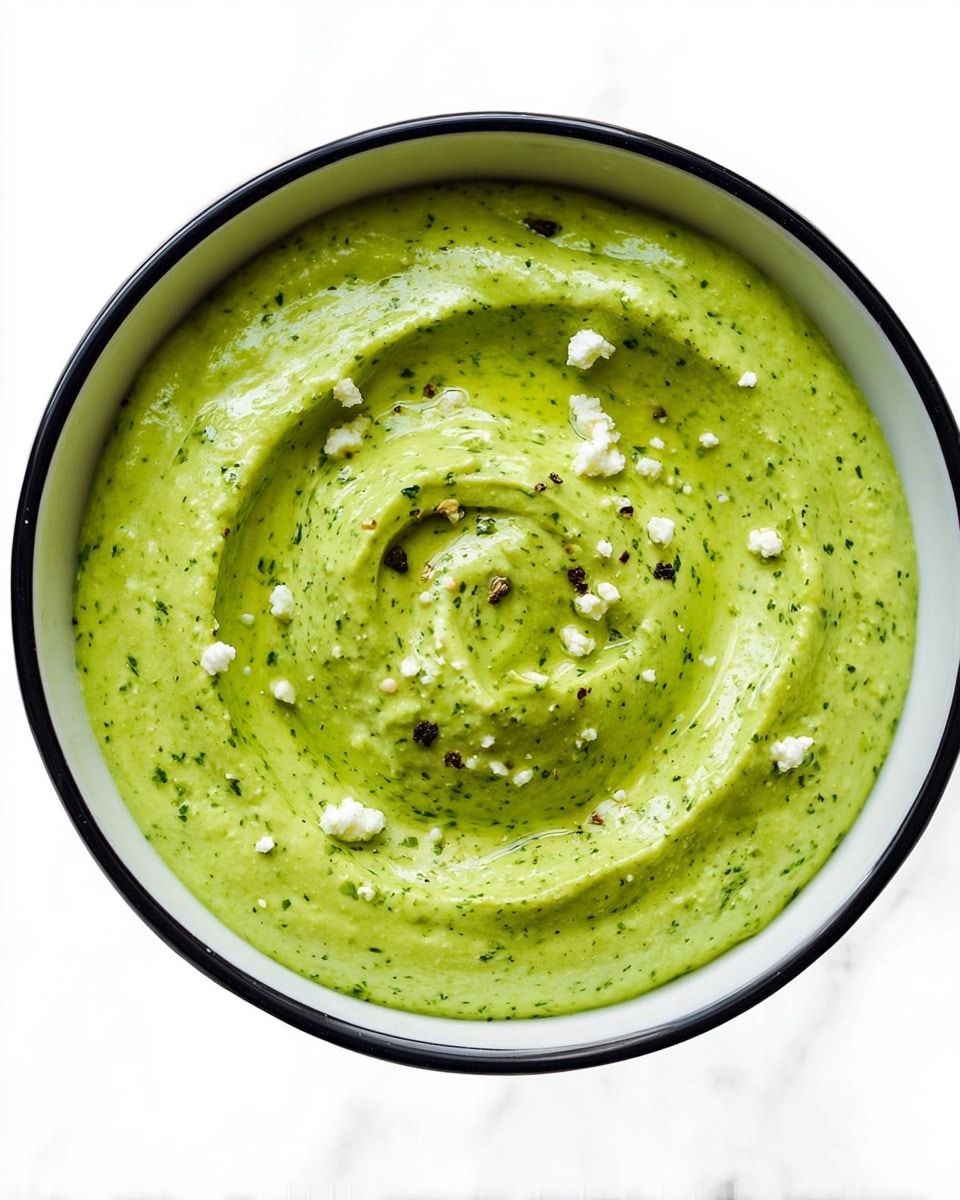 A white bowl with a black rim holds a single thick layer of bright green creamy dip with a smooth, slightly textured surface that shows small green herb bits mixed in. The dip is swirled in the middle to form a shallow spiral depression. Scattered over the top are small white crumb-like pieces and irregular black pepper flakes for color contrast. The bowl sits on a white marbled surface. Photo taken with an iphone --ar 4:5 --v 7