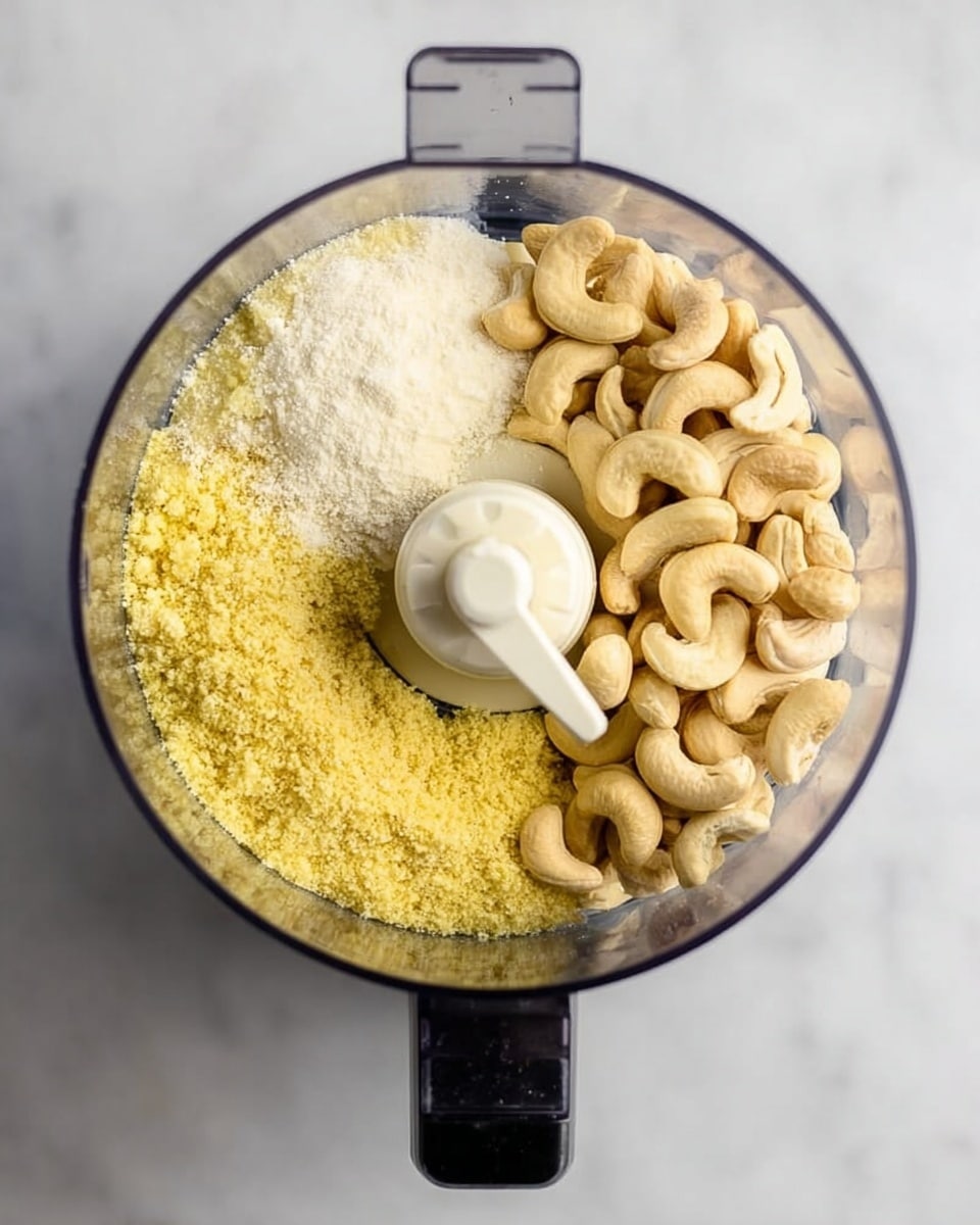 Top view of a food processor with a clear lid, sitting on a white marbled surface. Inside the processor, there are three layers: a large pile of whole cashews on the right side with a light beige color and smooth texture, a yellow crumbly layer at the bottom left, and a small pile of fine white powder above the yellow layer near the center. The center of the processor has a white plastic blade attachment. Photo taken with an iphone --ar 4:5 --v 7