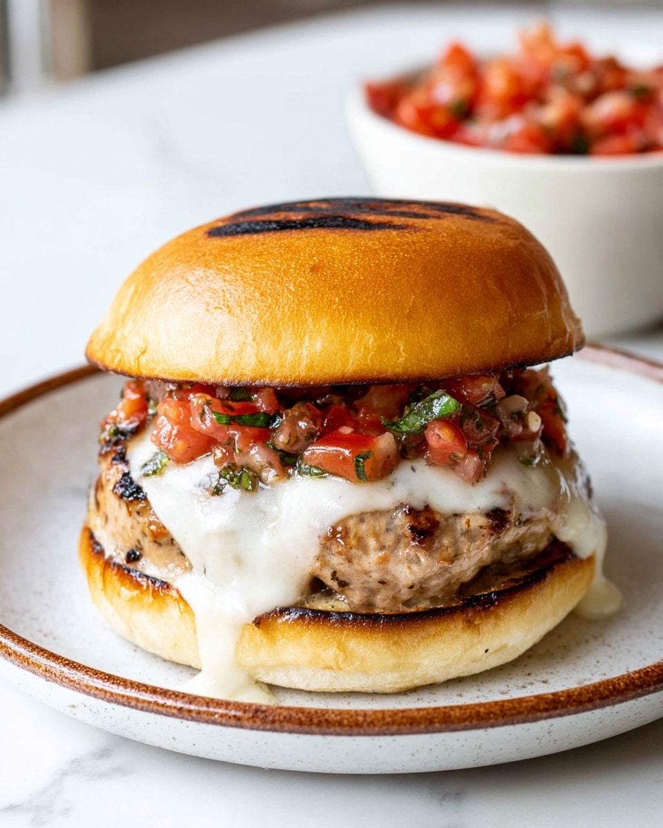 A burger sits centered on a white speckled plate with a brown rim, placed on a white marbled surface. The sandwich has four visible layers: the top is a soft golden toasted bun with a slight shine and a grilled mark, below it is a chunky red tomato salsa mixed with small green basil pieces, followed by a thick creamy white cheese layer slightly melting and dripping over a grilled light brown meat patty with some herbs visible. The bottom layer is a slightly toasted golden bun base that supports the whole burger. In the background, an out-of-focus white bowl filled with vibrant chopped tomatoes adds a pop of red color. Photo taken with an iphone --ar 4:5 --v 7