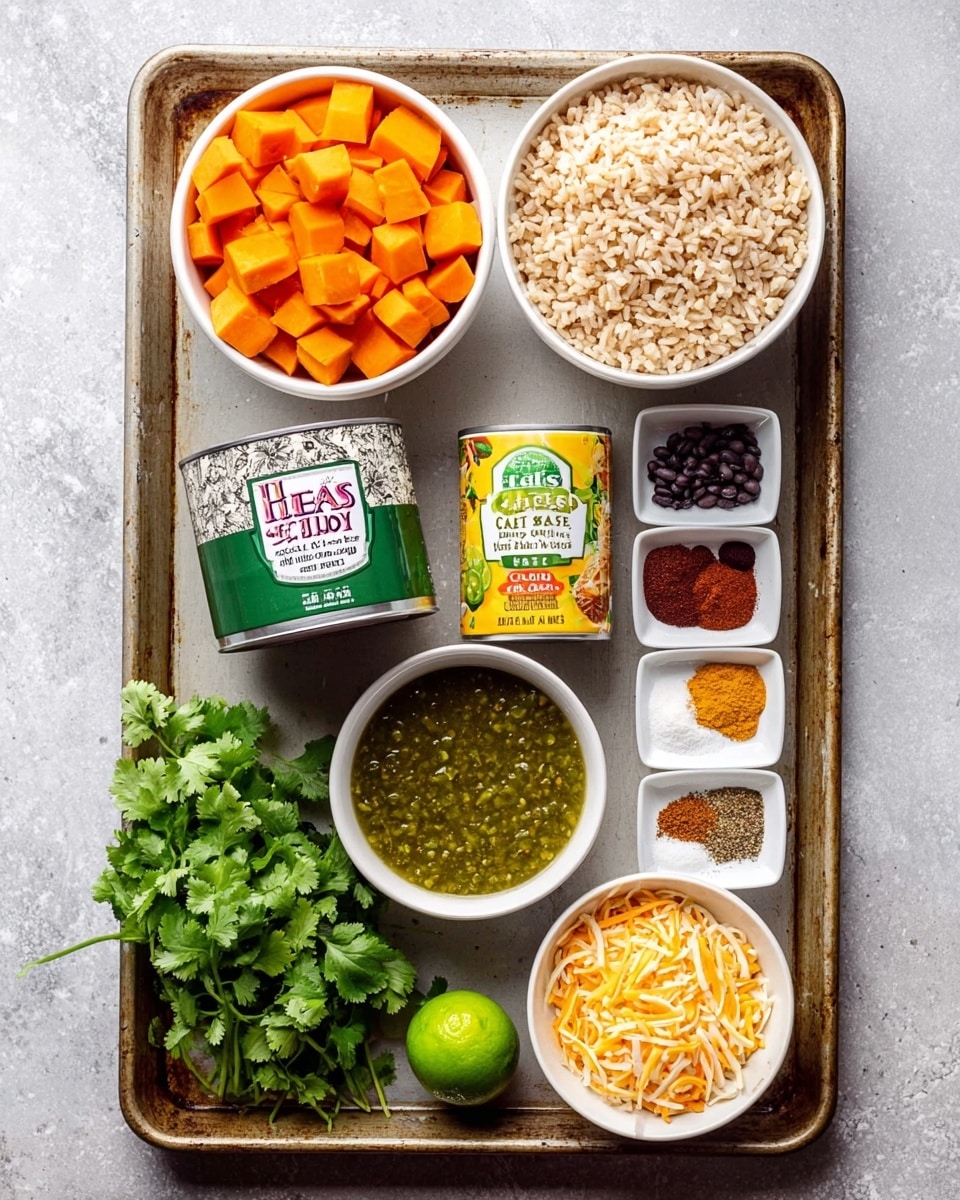 A baking tray holding several white bowls and food items is set on a white marbled texture. In the top left, a white bowl filled with orange cubed sweet potatoes. To its right, another white bowl is loaded with light brown cooked rice. Below them sits a tilted can of black beans with a mostly white label showing beans graphics, next to a small yellow can of diced green chiles. A small white bowl on the right holds five different dry spices in separate small piles: green, red, white, and brown powders. Below that bowl, a white bowl has shredded orange and yellow cheese. At the bottom left, a bunch of fresh green cilantro leaves rest on the tray beside a small white bowl filled with green salsa. A bright green lime lies between the shredded cheese and cilantro. photo taken with an iphone --ar 4:5 --v 7