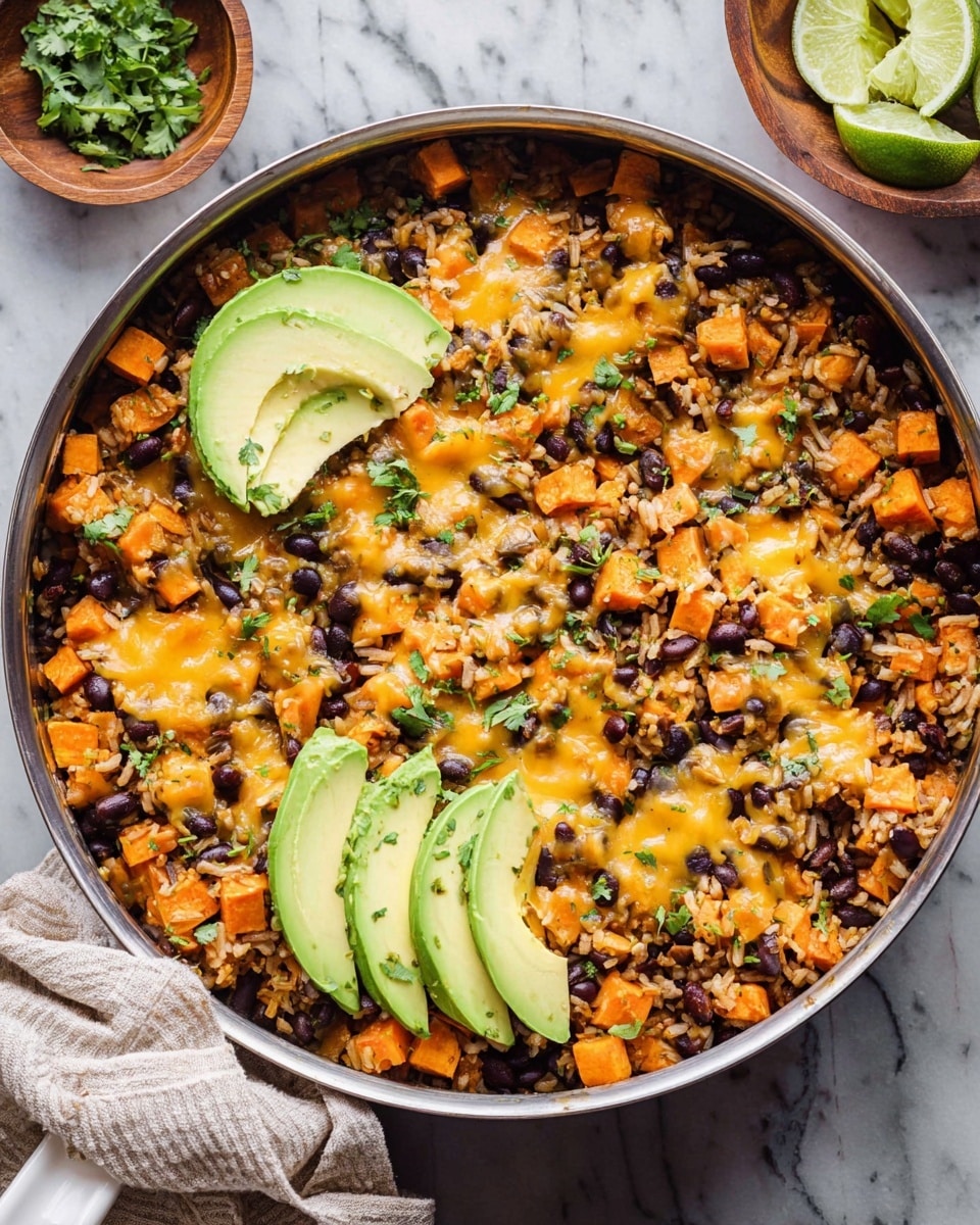 The image shows a close-up of a cooked dish held by a wooden spoon inside a metal pot. The dish consists of soft orange sweet potato cubes mixed with brown rice and dark purple black beans. A layer of melted light orange cheese covers parts of the dish, creating a creamy texture. Small bits of green herbs are sprinkled on top, adding a fresh color contrast. To the side, a slice of green avocado can be seen. The background is a white marbled texture. Photo taken with an iphone --ar 4:5 --v 7