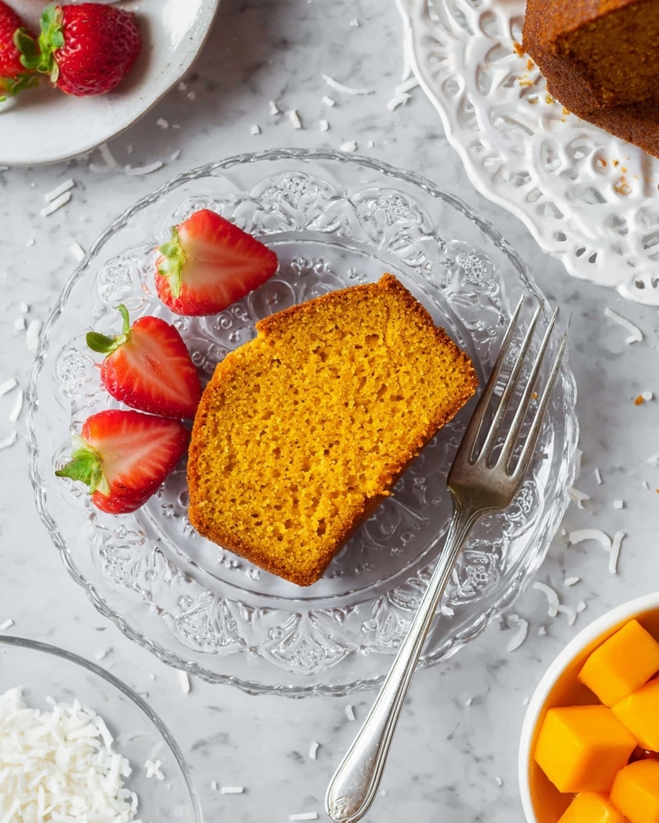A clear glass plate with a delicate lace-like pattern holds a single slice of golden-brown pumpkin bread with a soft, porous texture. The slice is positioned slightly angled to the right, and to its right lies a silver fork resting on the plate edge. Three halved fresh strawberries with bright red flesh and green tops are arranged neatly on the left side of the plate. The scene sits on a white marbled surface scattered with a few white coconut flakes. In the top right corner, part of another slice of pumpkin bread is visible on a white plate with intricate embossed patterns. On the lower right side of the frame, a partial white bowl filled with cubed orange fruit adds a splash of color. Photo taken with an iphone --ar 4:5 --v 7