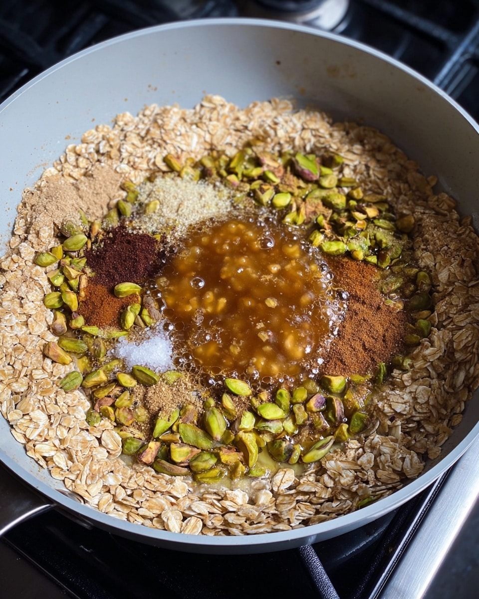 A close-up of a white frying pan filled with a mixture of ingredients in layers: the outer layer is a thick ring of light brown oats surrounding a central pool of bubbling brown liquid. Mixed within the oats are scattered whole and shelled green pistachios adding texture and color contrast. On top of the bubbling liquid in the center, there are small piles of light beige, dark brown, and reddish-brown powdered spices along with a sprinkle of salt. The pan sits on a black stove surface and the overall setting has a bright light source reflecting on the metal parts. photo taken with an iphone --ar 4:5 --v 7