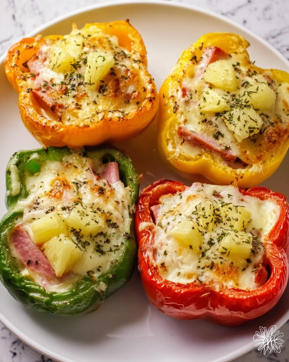 Four stuffed bell pepper halves sit on a white plate over a white marbled surface. Each pepper is a different color: yellow, orange, green, and red, forming a rough square pattern. The peppers are filled with melted cheese and slices of ham, topped with small pieces of pineapple and sprinkled with dried herbs. The cheese has a slightly browned, bubbly texture. The overall look is colorful and warm. Photo taken with an iphone --ar 4:5 --v 7