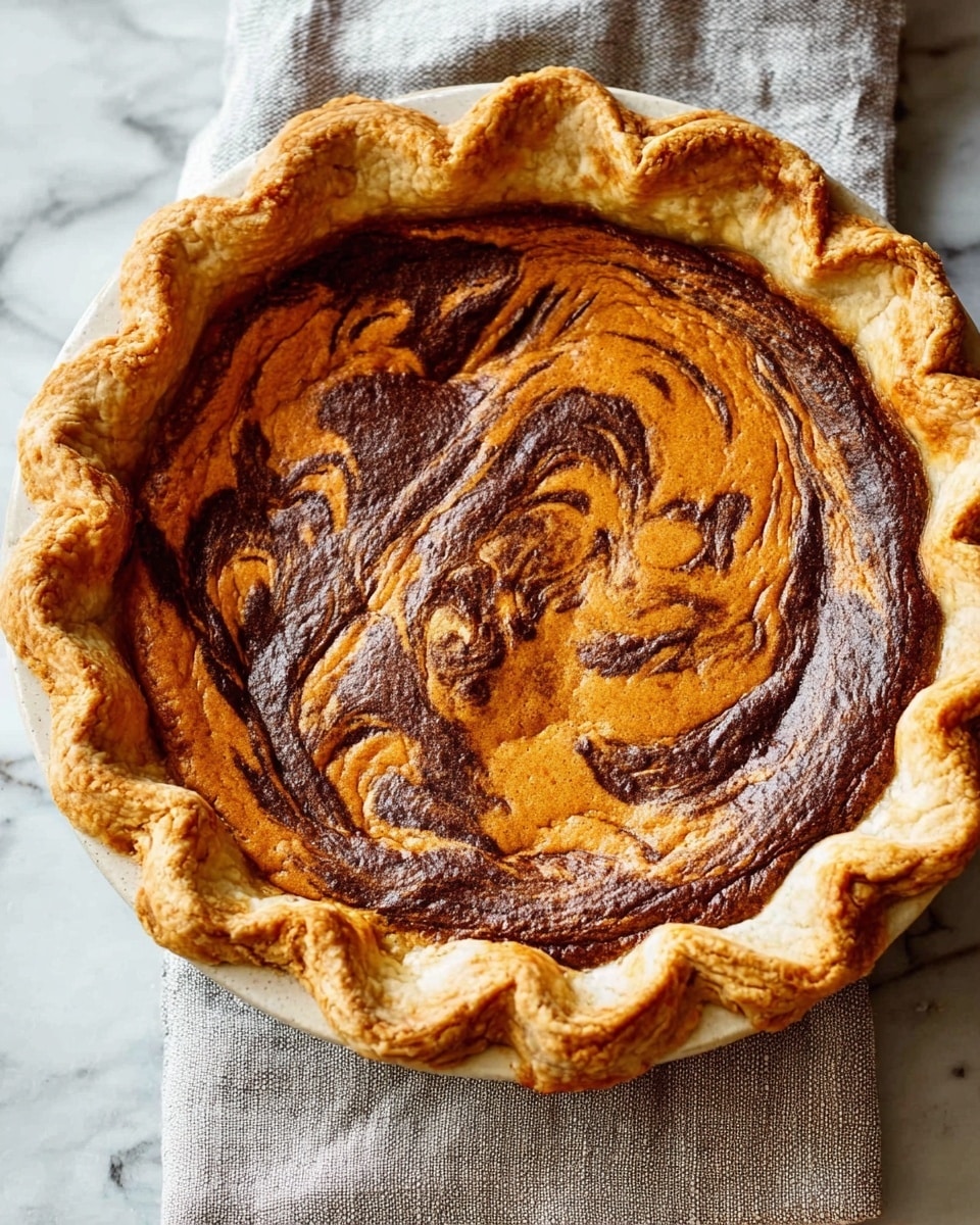 A slice of pie with three clear layers sits on a white plate over a white marbled surface. The bottom layer is a light beige crust with a crumbly texture that holds the pie together. Above it is a thick, dark brown chocolate layer that looks rich and dense. The top layer is a smooth, golden orange pumpkin layer with darker brown swirls gently mixed in, creating a marbled effect. The edges of the pie crust are raised and a bit rough, showing its handmade look. A silver fork rests next to the pie slice on the plate. Photo taken with an iphone --ar 4:5 --v 7