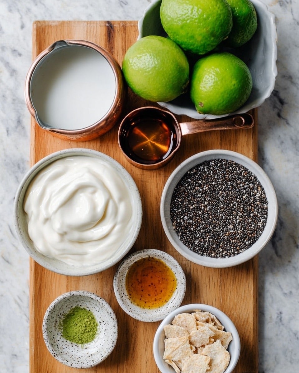 The image shows several small white bowls arranged on a wooden board placed on a white marbled surface. In the top right white bowl, there are four green limes with a slightly rough texture. On the top left, a white container holds a white liquid, possibly milk or cream. Below the limes, a copper measuring cup filled with thick white cream or yogurt has a smooth swirled texture. In the center, there is a small speckled bowl containing a dark amber liquid, likely honey or syrup. Below it, a larger white bowl is filled with black chia seeds with a rough texture. To the left of the chia seeds, a white bowl is filled with light beige crushed crackers or cereal pieces. At the bottom left corner, a small speckled bowl holds a small amount of bright green powder, perhaps matcha or a spice. The overall setup looks clean and organized. Photo taken with an iphone --ar 4:5 --v 7