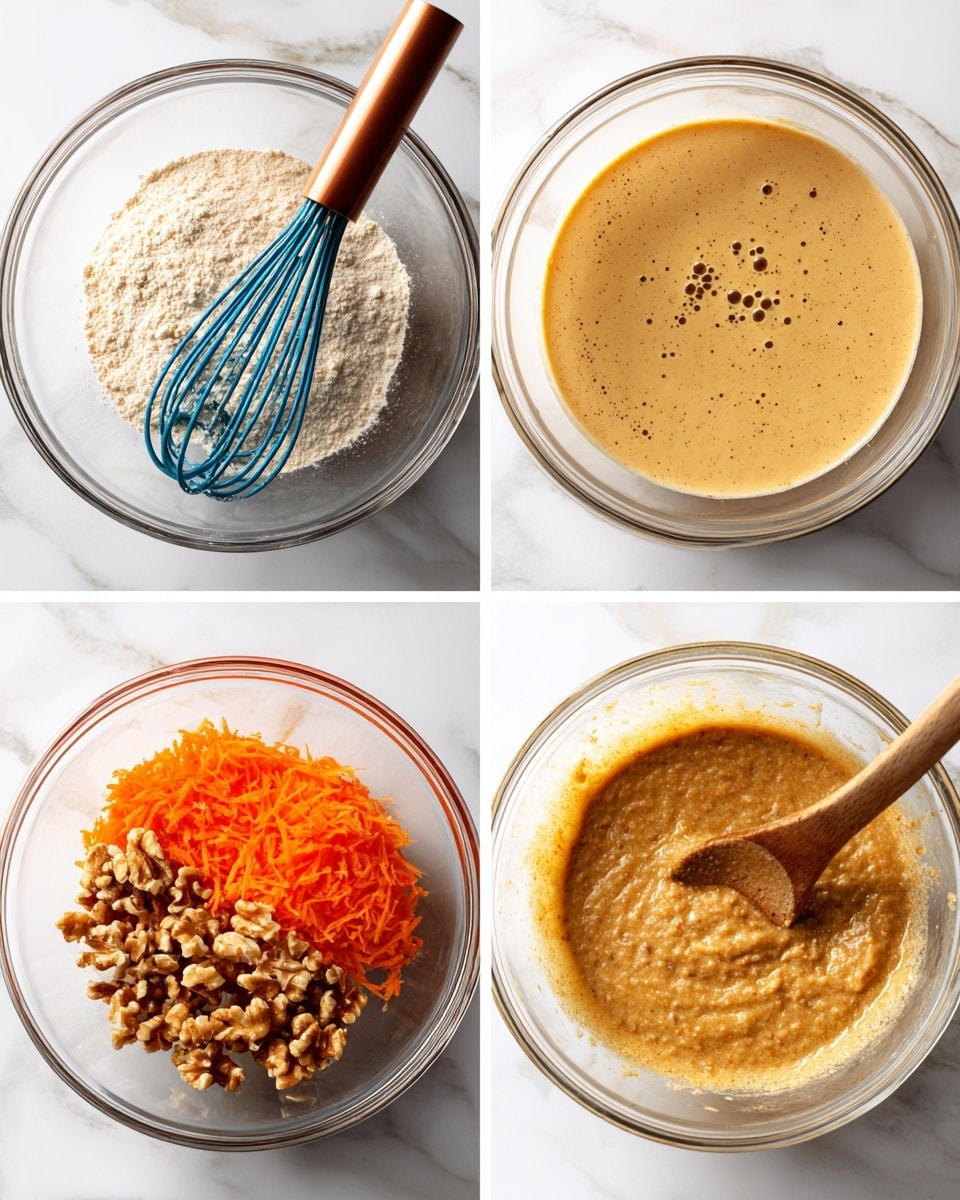 Four square images show the steps of mixing ingredients in a clear glass bowl over a white marbled surface. The first image shows a light brown batter at the bottom with a pile of dry flour mixture on top. The second image shows the batter fully mixed into a smooth, light brown liquid with small bubbles on the surface and a blue whisk with a copper handle resting inside the bowl. The third image shows the same smooth batter with a pile of bright orange grated carrots on one side and chopped walnuts on the other side of the bowl next to the whisk. The fourth image shows the mixture fully combined into a thick, textured batter with visible bits of carrots and nuts, being stirred by a wooden spoon. photo taken with an iphone --ar 4:5 --v 7