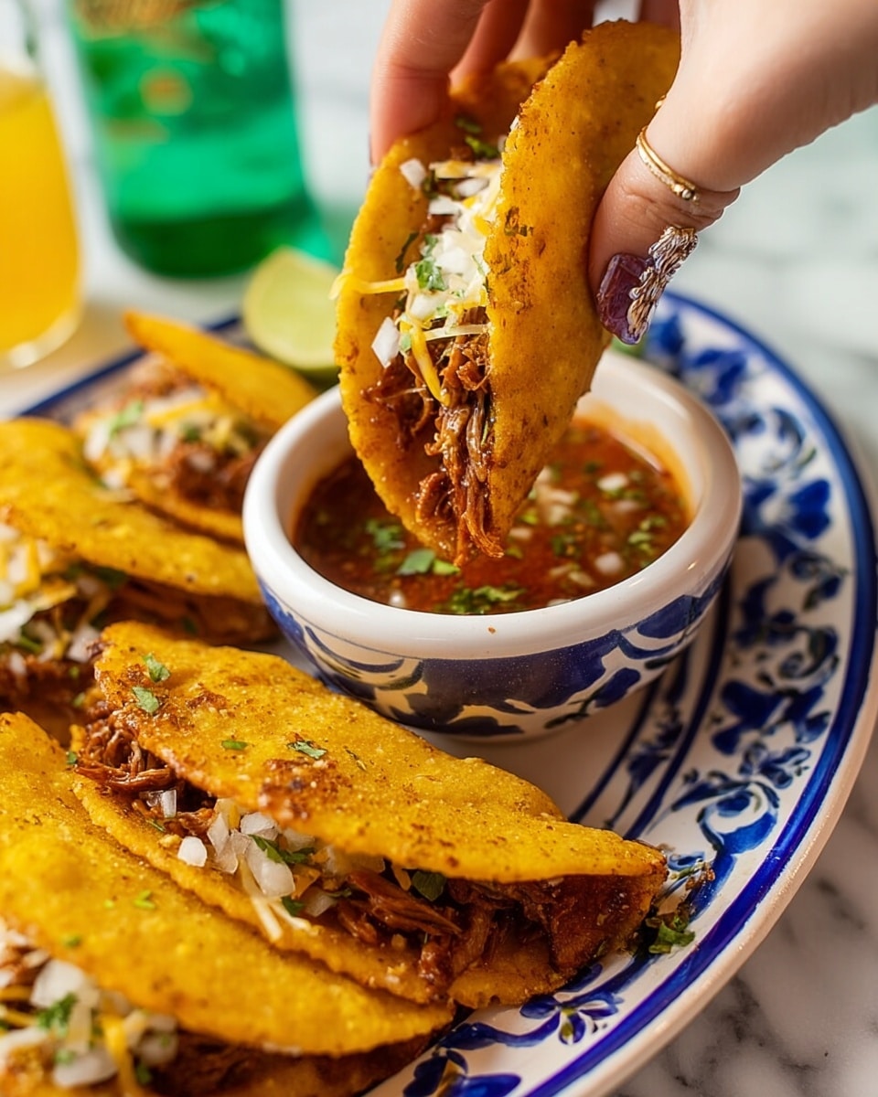 A white oval plate with blue decorative patterns holds five golden crispy folded tacos filled with shredded meat, melted cheese, and chopped white onions mixed with green herbs, arranged in a slightly overlapping row. On the plate, near the top right side of the tacos, there is a small wooden bowl with smooth yellow sauce next to two lime wedges. On the left side of the plate, there is a small white bowl filled with a reddish-brown chunky salsa garnished with green herbs. Around the plate on a light blue surface, there are broken yellow tortilla chips scattered, and partially visible green lime slices. On the upper left corner of the scene, there is a green bottle with a bottle cap nearby, and on the upper right corner, two glasses of light beer with a lemon slice inside each glass are visible. Photo taken with an iphone --ar 4:5 --v 7