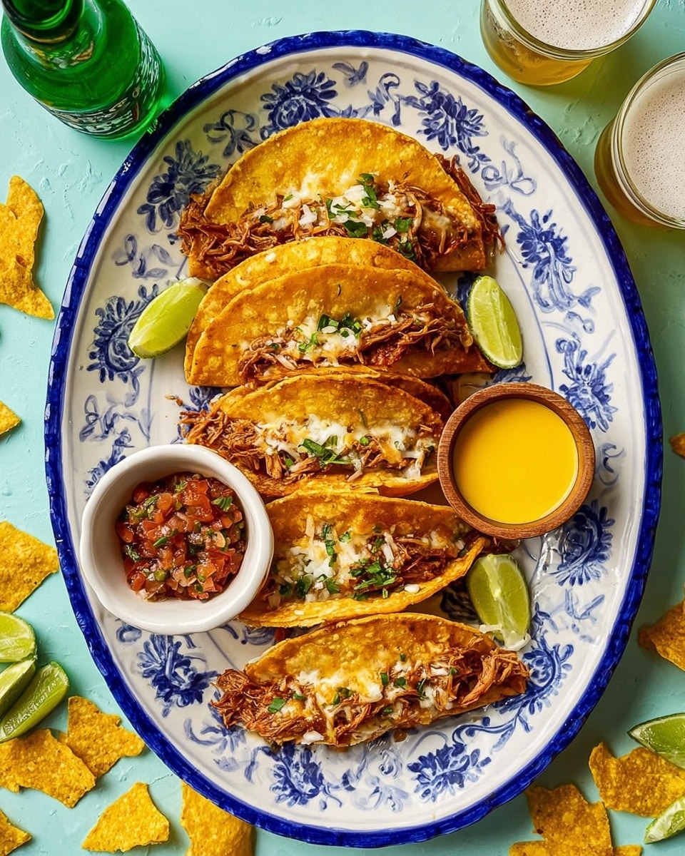 A woman's hand is holding a crispy, golden-yellow taco shell filled with layers of soft, shredded meat, melted light yellow cheese, small white onion pieces, and green herb bits, dipping it into a small white bowl filled with a reddish sauce with green herbs on top. The bowl sits on a white plate with blue decorative patterns. Around the bowl on the plate, there are more crispy golden tacos with visible bits of shredded meat and onions. In the background, a green bottle and a small yellow sauce bowl sit on a white marbled surface. Photo taken with an iphone --ar 4:5 --v 7