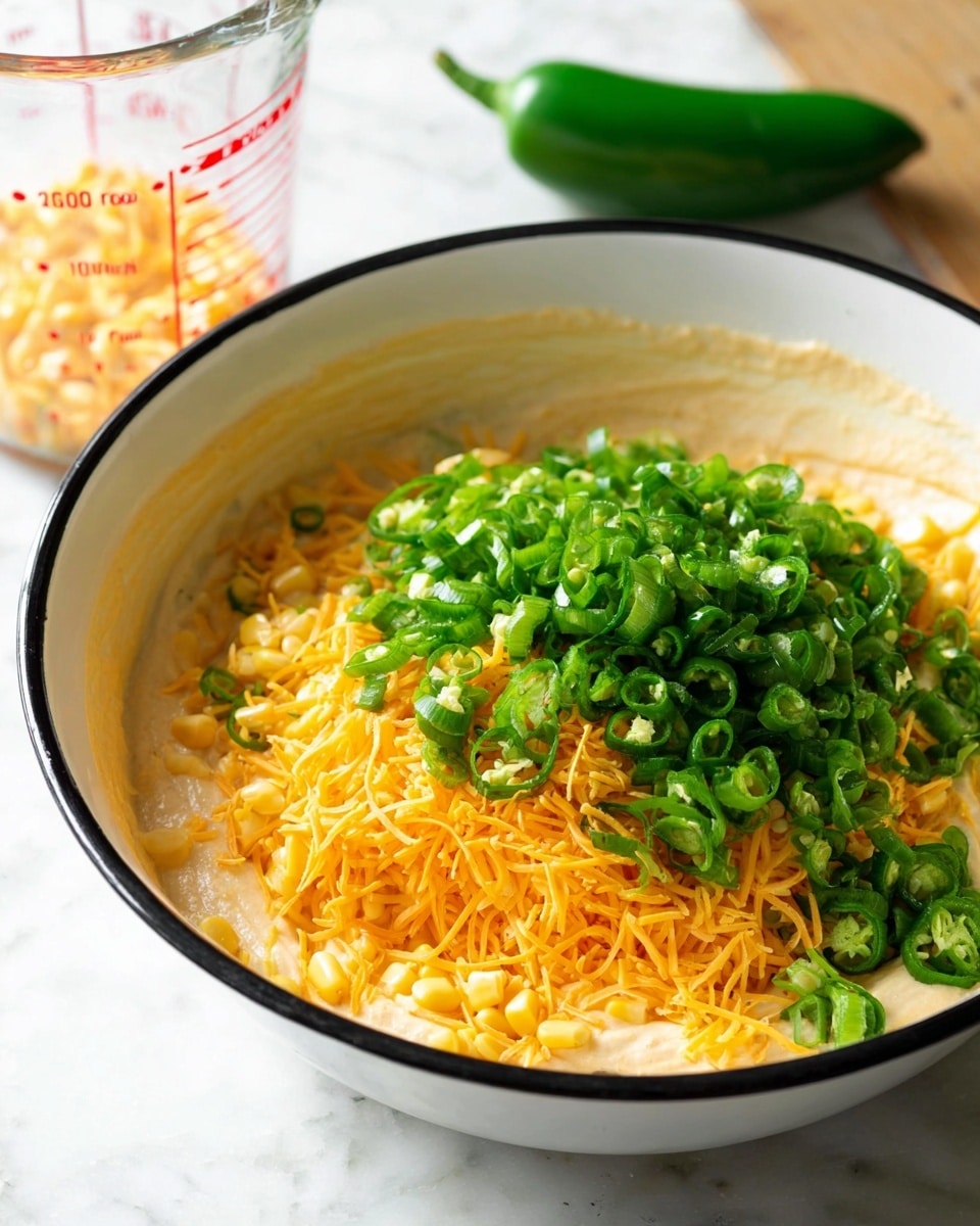 A white bowl with a black rim contains three visible layers: a creamy pale yellow batter at the bottom, followed by a thick layer of shredded bright orange cheddar cheese in the middle, and topped with a generous pile of finely chopped, vibrant green jalapeño peppers. Some corn kernels, yellow and textured, peek out from under the cheese and peppers. The bowl sits on a white marbled surface. In the background, a clear glass measuring cup with red markings and a green jalapeño pepper rest on the white marbled surface. Photo taken with an iphone --ar 4:5 --v 7
