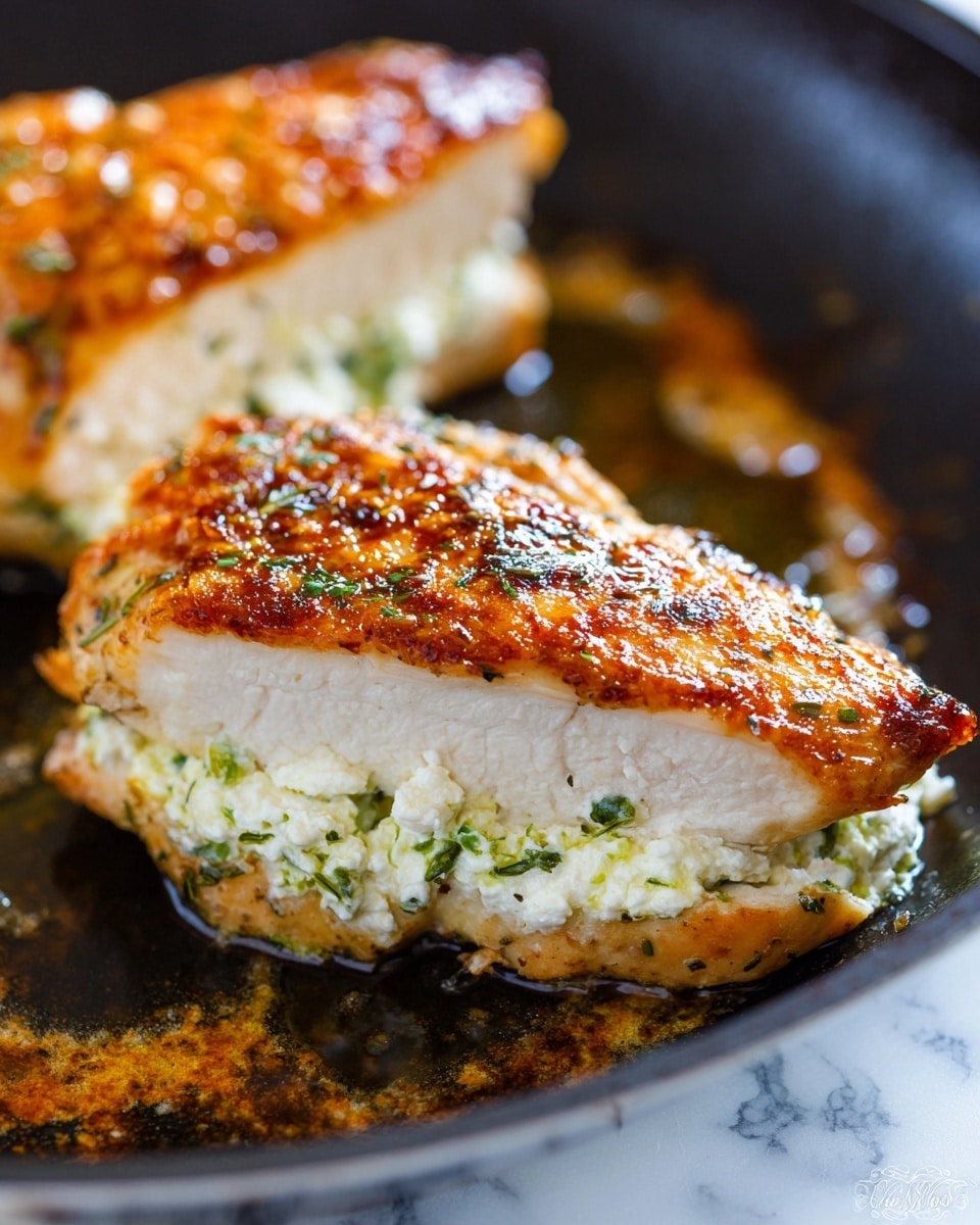 The image shows two pieces of cooked chicken on a dark pan. Each piece has a crispy, golden-brown top layer with a slightly rough texture and specks of herbs. Beneath the top layer is a thick, white layer of soft, creamy filling with bits of green, all surrounded by the white chicken meat. The pan itself has some brown and orange oil spots around the chicken, and the whole scene is set against a white marbled surface. photo taken with an iphone --ar 4:5 --v 7