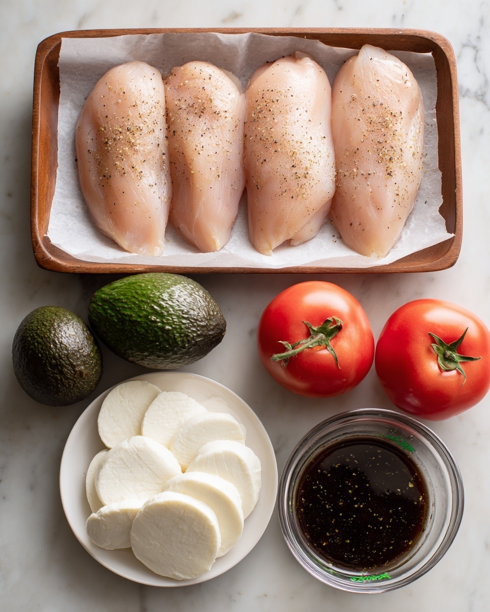 The image shows raw boneless, skinless chicken breasts placed side by side on white parchment paper in a wooden tray at the top center, each piece pale pink with a slight sheen and a light sprinkle of black pepper. Below the tray, there are two dark green, textured avocados positioned next to each other on the left side and two bright red tomatoes with green stems on the right. Toward the bottom left, a small white plate holds several round, white slices of fresh mozzarella cheese arranged in a slightly overlapping circular pattern. To the bottom right, there is a clear measuring cup filled with a dark, glossy balsamic vinaigrette or marinade that has tiny visible specks suspended within the liquid. The background surface is white marble. photo taken with an iphone --ar 4:5 --v 7