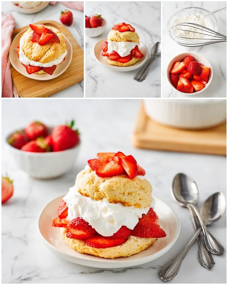 The final image shows a white plate on a white marbled surface with a layered strawberry shortcake. The base layer is a golden, slightly rough biscuit split in half, topped with a layer of bright red sliced strawberries arranged neatly. Above the strawberries is a thick, fluffy layer of white whipped cream with soft texture. The top biscuit layer, golden and textured like the base, is placed over the cream and garnished with a few strawberry slices on top. Nearby, there is a blurred white bowl filled with more sliced strawberries and a metal whisk resting on a wooden board. Two silver spoons lie beside the plate. Photo taken with an iphone --ar 4:5 --v 7