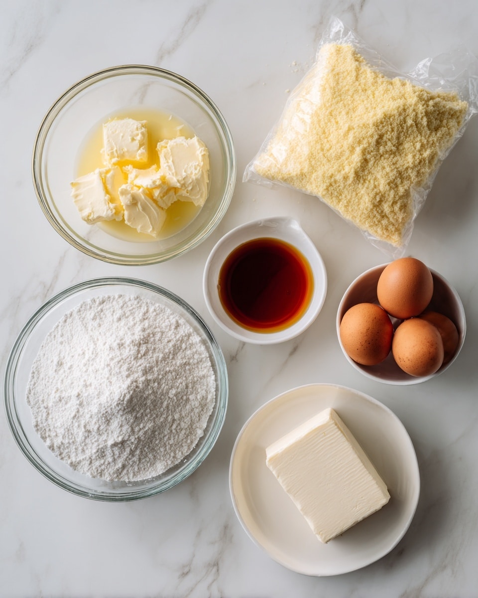 The image shows a white marbled surface with several baking ingredients arranged neatly. On the top left, there are two clear glass bowls filled with melted butter, one sitting above the other. To the right of these bowls is a small white bowl holding vanilla extract with a rich amber color. Next to the vanilla bowl, on the top right, a white plate holds three brown eggs. Below the eggs, on the right side, there is a white plate with a block of cream cheese, smooth and off-white in color. To the left of the cream cheese plate, a clear glass bowl is filled with white powdered sugar that looks light and fluffy. Above the powdered sugar is a sealed clear plastic bag filled with yellow cake mix, showing a slightly grainy texture inside. All items are well-lit with soft shadows, placed on the white marbled surface. Photo taken with an iphone --ar 4:5 --v 7