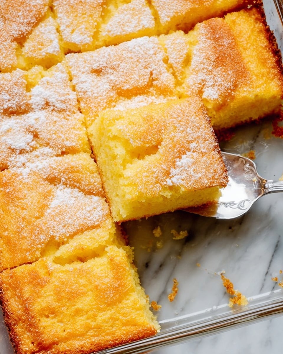 A close-up view of a baked square dish with a golden-yellow crust, showing nine pieces in total with one piece removed from the bottom left corner. The top layer has a slightly crisp and uneven texture with a light dusting of powdered sugar. The interior visible on the missing piece is moist and dense, with a soft yellow color, indicating a custard-like consistency. The dish is in a clear glass rectangular baking pan placed on a white marbled surface. A silver spatula is partially under the removed piece, revealing crumbs around it. Photo taken with an iphone --ar 4:5 --v 7