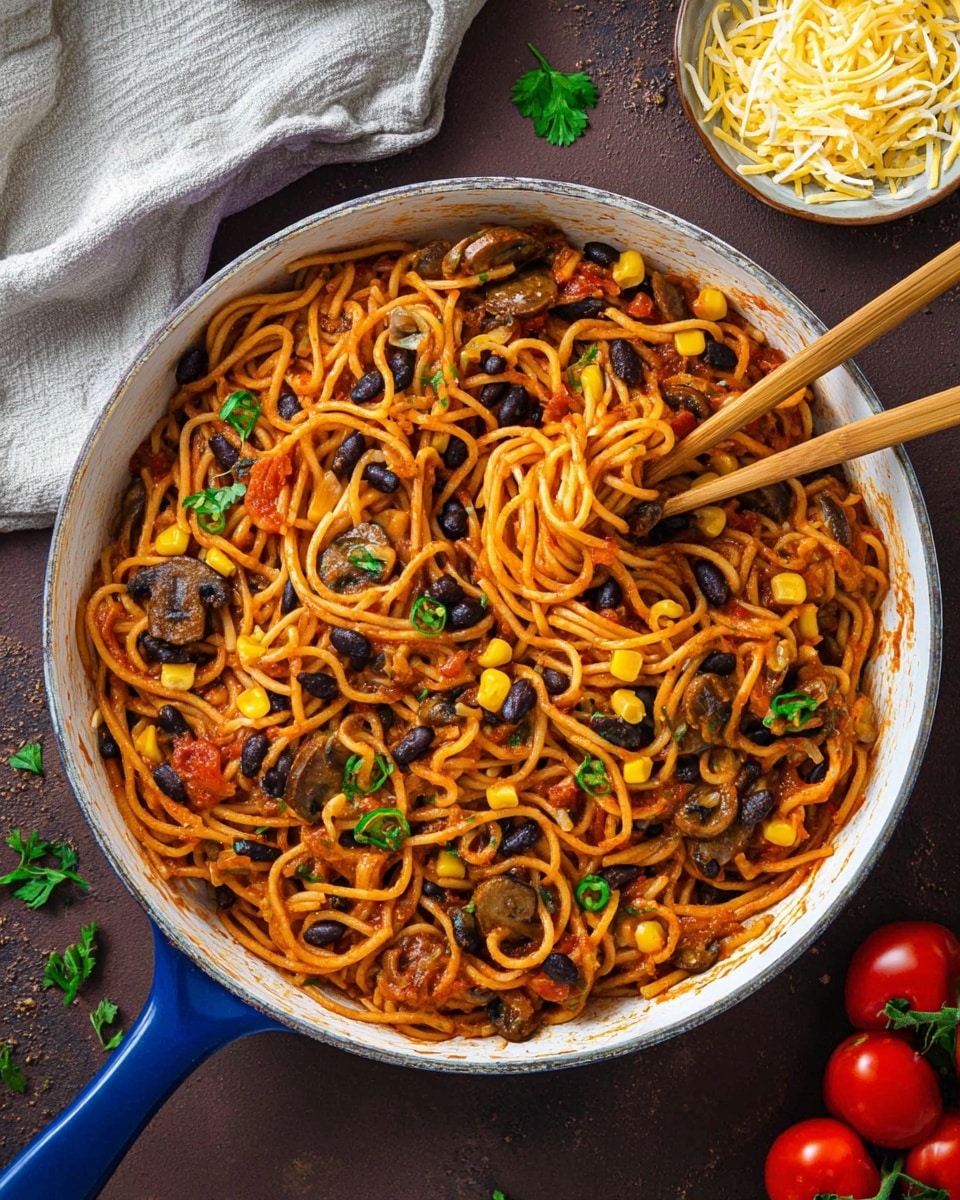 A white pan filled with spaghetti noodles covered in a red tomato sauce, mixed with sliced brown mushrooms, small pieces of black olives, bright yellow corn kernels, and thin slices of green chili peppers scattered on top. Fresh green leaves are sprinkled over the dish for garnish. The pan sits on a white marbled surface, with green chili and red cherry tomatoes blurred in the background. Photo taken with an iphone --ar 4:5 --v 7