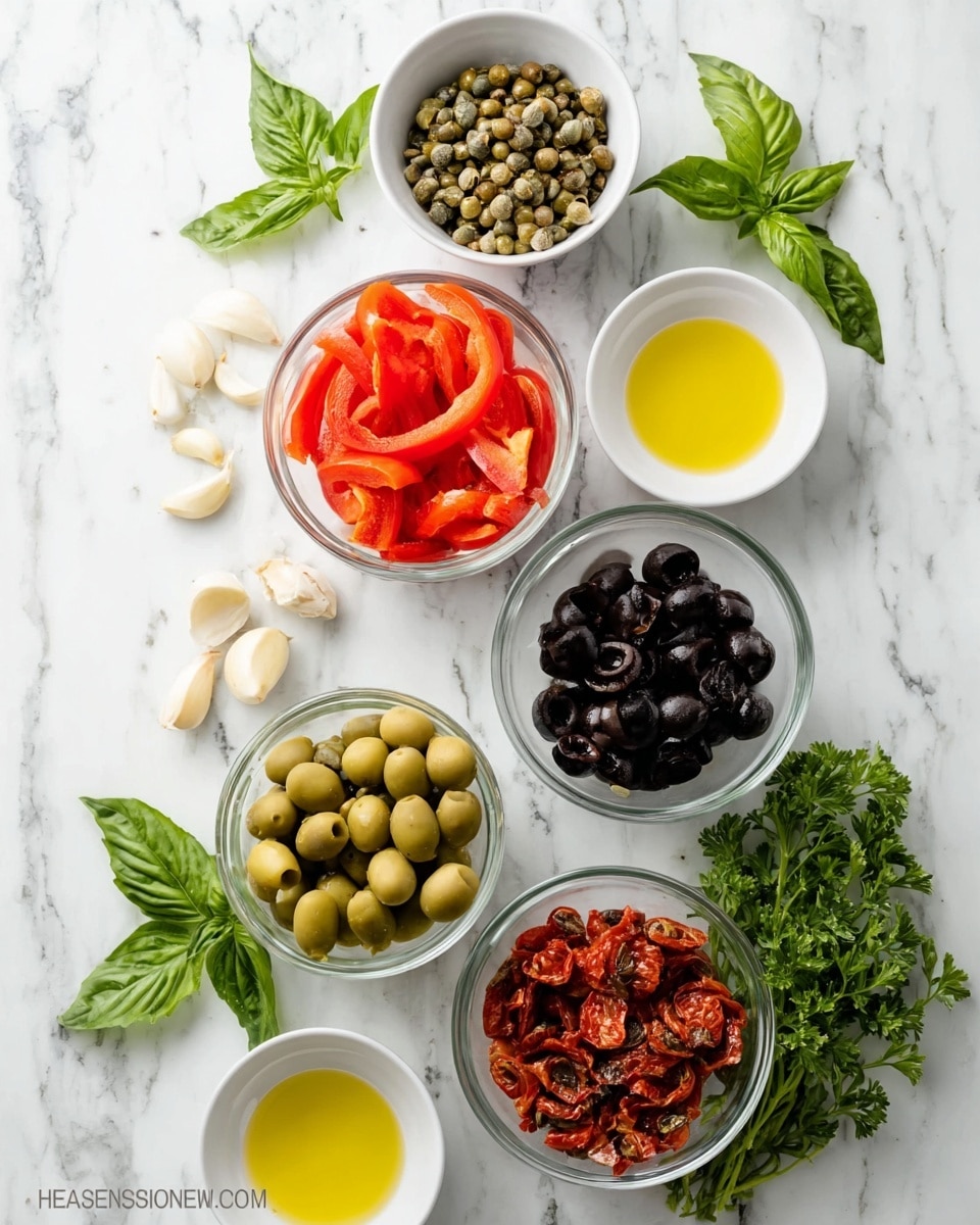 The image shows a white marbled surface with several small clear bowls arranged vertically, each containing different ingredients. At the top is a bowl with small greenish-brown capers, followed below by a white bowl of bright red roasted pepper strips with a soft texture. Below that is a bowl filled with green sliced olives with a glossy surface, next is a bowl full of shiny black sliced olives, and at the bottom is a bowl holding reddish-brown sliced olives. Scattered around the bowls are fresh green basil leaves and sprigs of curly parsley. There are also three peeled garlic cloves near the middle left side and two small white bowls with light yellow and golden yellow oils near the right side. The white marbled surface adds a clean and bright background. Photo taken with an iphone --ar 4:5 --v 7