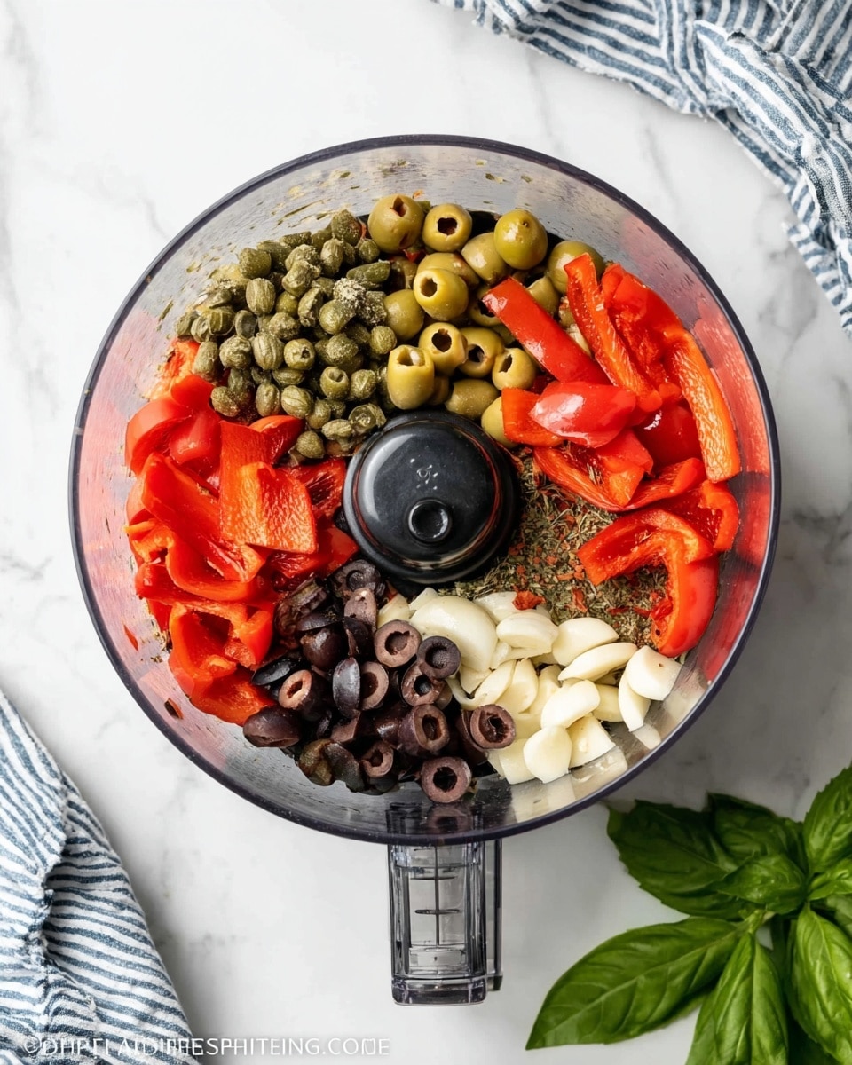 A clear round food processor bowl sits on a white marbled surface with a top view showing six main ingredients arranged in sections inside. The ingredients include bright red roasted peppers occupying a large section at the top right, greenish capers next to them on the top left, sliced light green olives mixed with tuna flakes at the right center, whole peeled white garlic cloves at the bottom right, black sliced olives in the bottom center, and chopped dark purple olives in the left center. The black center blade of the food processor is visible in the middle. A striped blue and white cloth is partially visible at the top left corner, with a green basil leaf near the bottom right corner. Photo taken with an iphone --ar 4:5 --v 7