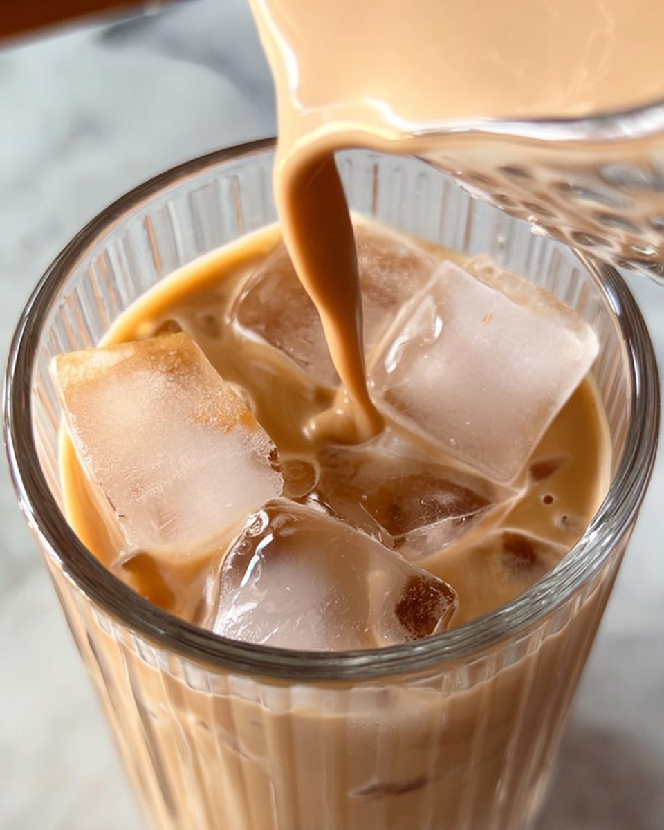 The image shows a close-up view of a glass jar mug filled with iced coffee. The jar is clear with a handle on the right side and has light brown coffee with milk inside. There are several ice cubes floating near the top, visible through the jar’s smooth surface. The background is a white marbled texture, and the jar is placed on a wooden surface. The photo is taken at eye level focusing on the smooth, creamy coffee mixture inside the jar. photo taken with an iphone --ar 4:5 --v 7