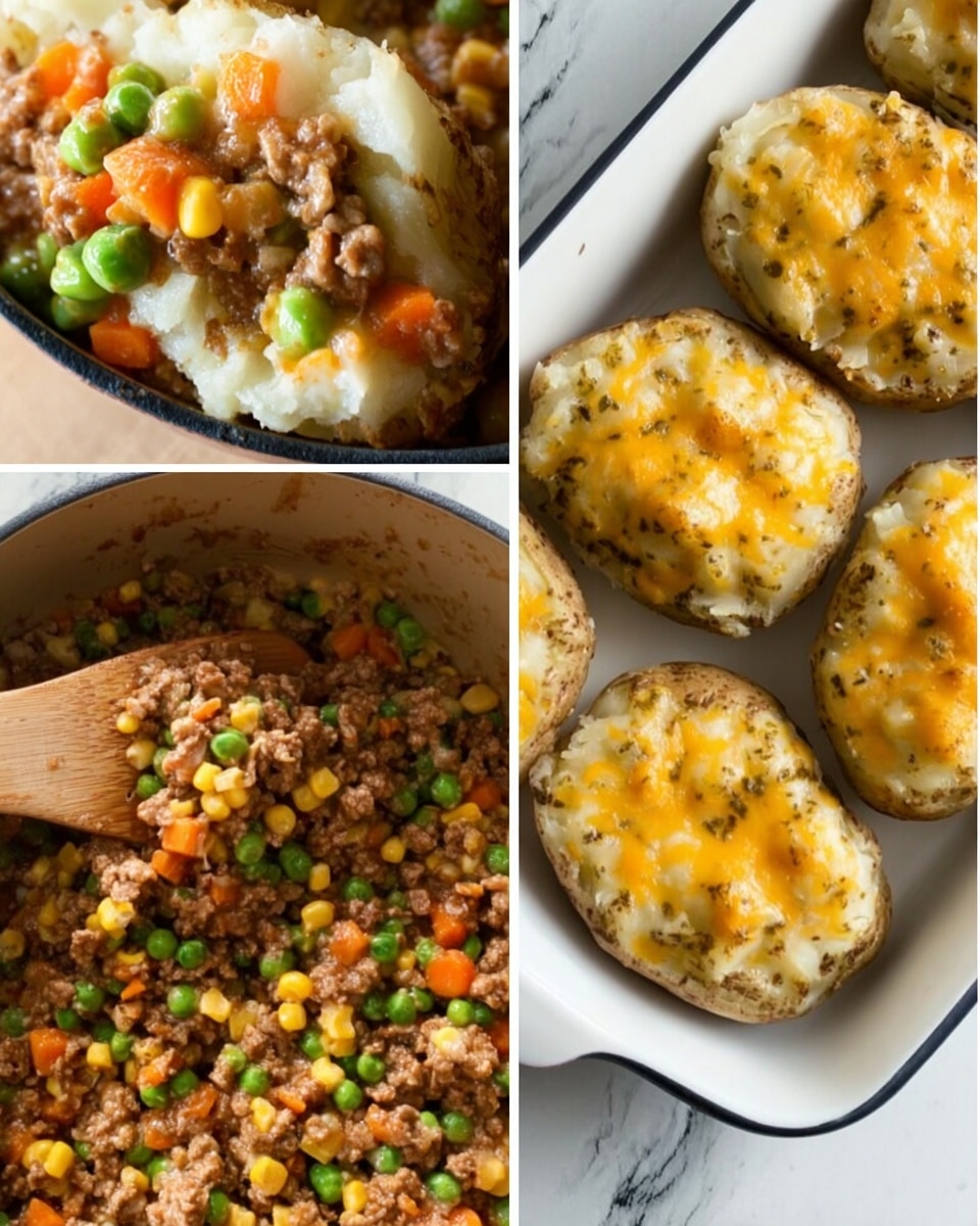The image shows a close-up of a stuffed potato dish with three layers visible: the bottom layer consists of fluffy white potato, the middle layer is a mixture of cooked ground meat with bright green peas, orange carrot pieces, and yellow corn kernels, and the top layer is melted light yellow cheese blending with the vegetables and meat. Another part of the image shows a wooden spoon stirring the meat and vegetable mixture in a pot. Finally, there are halved potatoes filled with the cooked mixture, arranged neatly in a white rectangular dish. The background is a white marbled surface. photo taken with an iphone --ar 4:5 --v 7