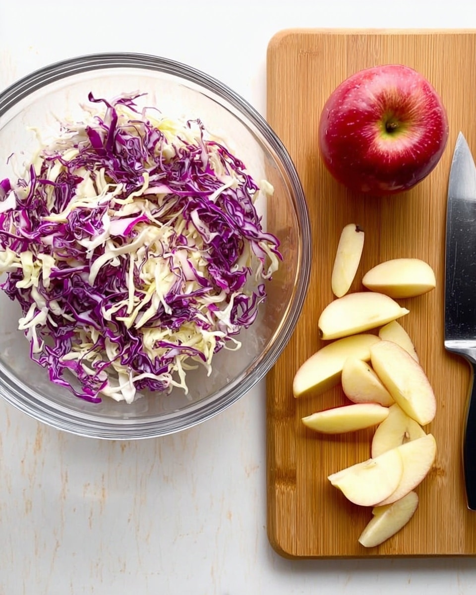 A clear glass bowl filled with thinly sliced cabbage in two colors: white and purple, mixed together in a loose pile. Next to it, on a wooden cutting board, is one whole red apple and several apple wedges with pale yellow flesh, arranged near a black-handled knife. The surface under both items is a white marbled texture. photo taken with an iphone --ar 4:5 --v 7