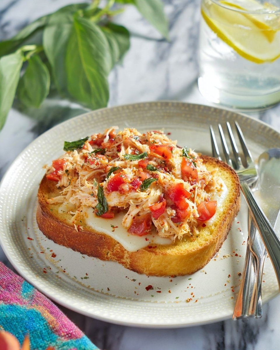 A piece of toasted bread with a golden-brown crust sits on a white plate with a subtle pattern. On top of the bread is a melted white cheese layer that covers it evenly, followed by a thick topping of shredded chicken mixed with diced red tomatoes and bits of green herbs, giving it a fresh, colorful look. The plate is accompanied by a silver fork and knife placed on the right side. In the background, there is a glass of water with a slice of lemon floating on ice, a colorful cloth, and some fresh green leaves on a white marbled surface. Photo taken with an iphone --ar 4:5 --v 7