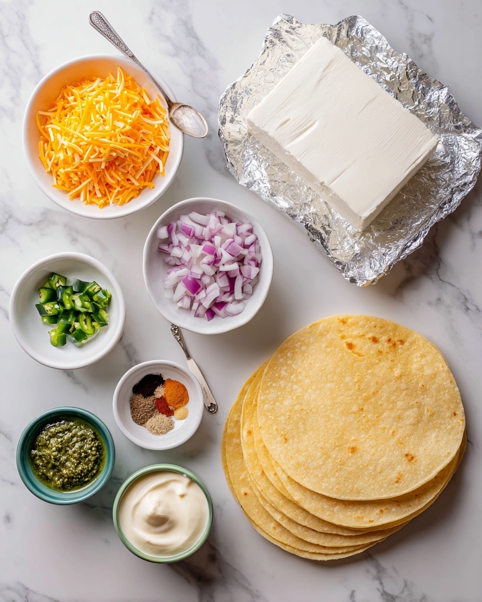 The image shows several cooking ingredients neatly arranged on a white marbled surface. There are four yellowish flour tortillas stacked on the right side. Below them is a white bowl filled with shredded yellow cheddar cheese. Above the tortillas, an opened block of smooth white cream cheese is placed on its silver foil wrapper. To the upper left, a white bowl holds finely chopped orange bell pepper and pale purple onions side by side. Next to this bowl, a small white dish contains chopped green chilies. Slightly below the chilies, a small green bowl is filled with a mix of spices in various colors like brown, red, and beige. Below the spices, a metal container with light yellow sour cream and another container with green basil pesto rest on the surface. A spoon with a white handle is visible near these ingredients. photo taken with an iphone --ar 4:5 --v 7