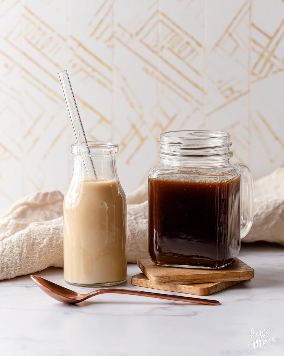 A tall glass jar with a metal clasp lid sits slightly open, filled nearly to the top with a dark brown liquid that has a smooth, glossy texture. The jar has embossed measurement marks and the brand name on its side, reflecting soft light. It rests on two stacked small wooden coasters, with a beige, crumpled cloth in the blurred background. The setting is a white marbled surface, and part of a smaller jar with a light beige liquid is partly visible on the left edge of the image. Photo taken with an iphone --ar 4:5 --v 7