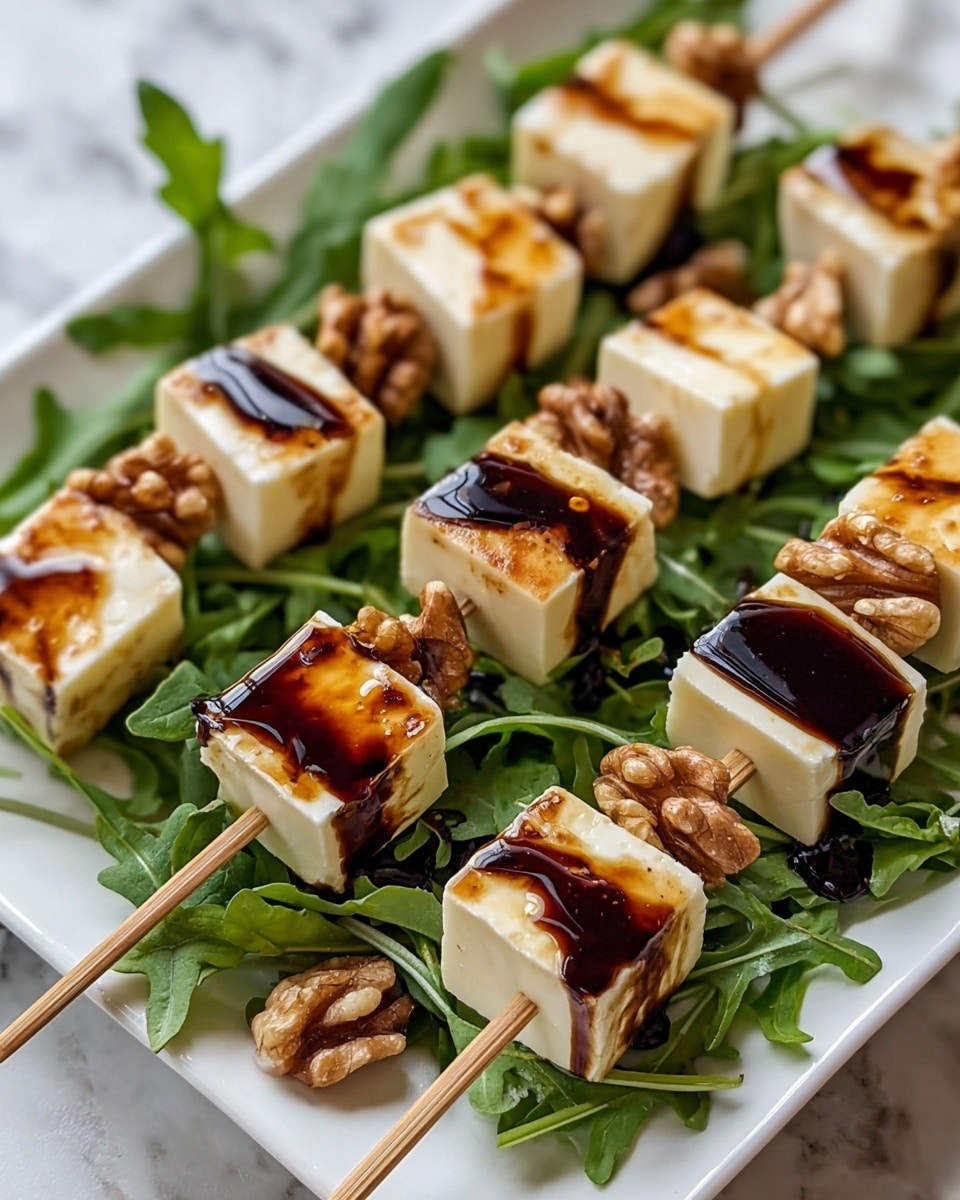 The image shows small white cheese cubes, each topped with a brown walnut piece and a drizzle of dark balsamic glaze, sprinkled with black pepper, all placed on wooden skewers. These skewers rest on a bed of fresh, green arugula leaves arranged on a white plate with a subtle speckled pattern. The white marbled surface under the plate adds a clean, elegant look to the presentation. photo taken with an iphone --ar 4:5 --v 7
