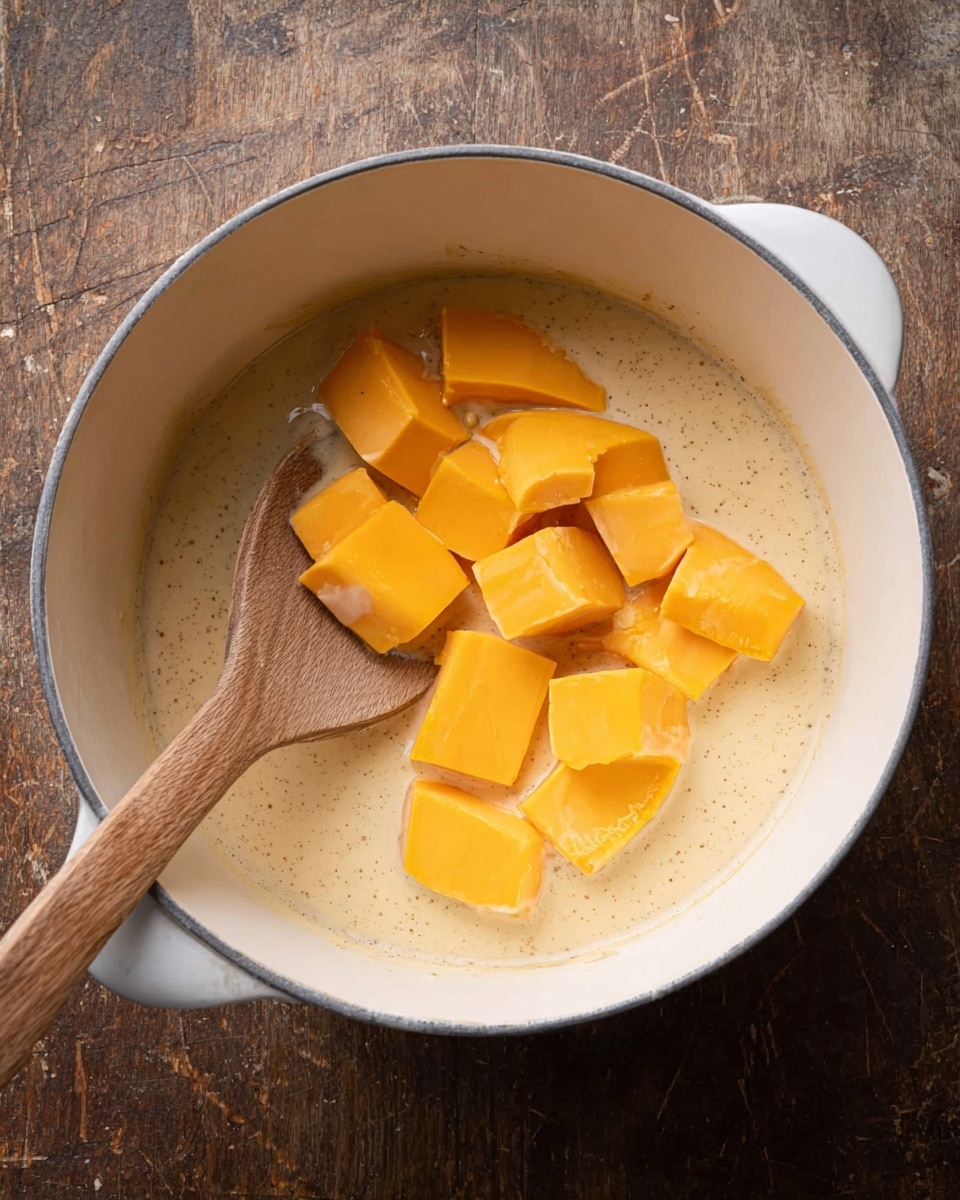 A white pot filled with a light beige creamy liquid, with several thick chunks of bright orange cheese resting on top. Inside the pot, a light wooden spoon is placed, slightly tilted with its bowl touching the creamy base. The pot is situated on a brown distressed wooden surface, showing a contrast in texture and color with the smooth inside of the pot photo taken with an iphone --ar 4:5 --v 7